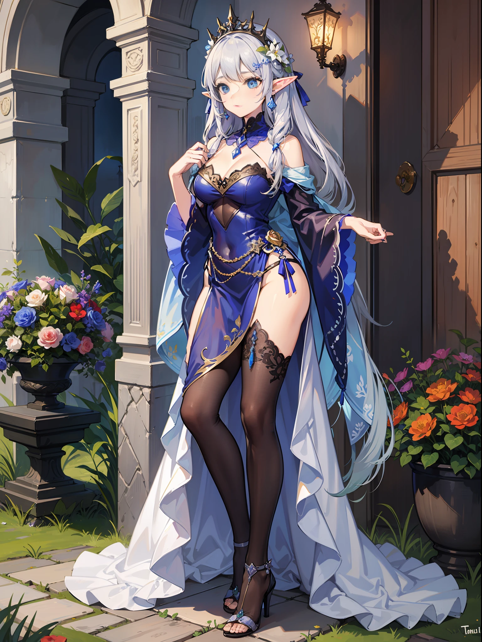 Elf Girl,Silver hair,length hair,shiny skins,A princess,aseprite,Extremely detailed CGunity8 wallpaper,tmasterpiece,(ultra detali),(illustratio),a color,(Flower hairpins,Flowers,gardener),flower face,grow,naturey,high-heeled,fullllbody,Complete clothes
