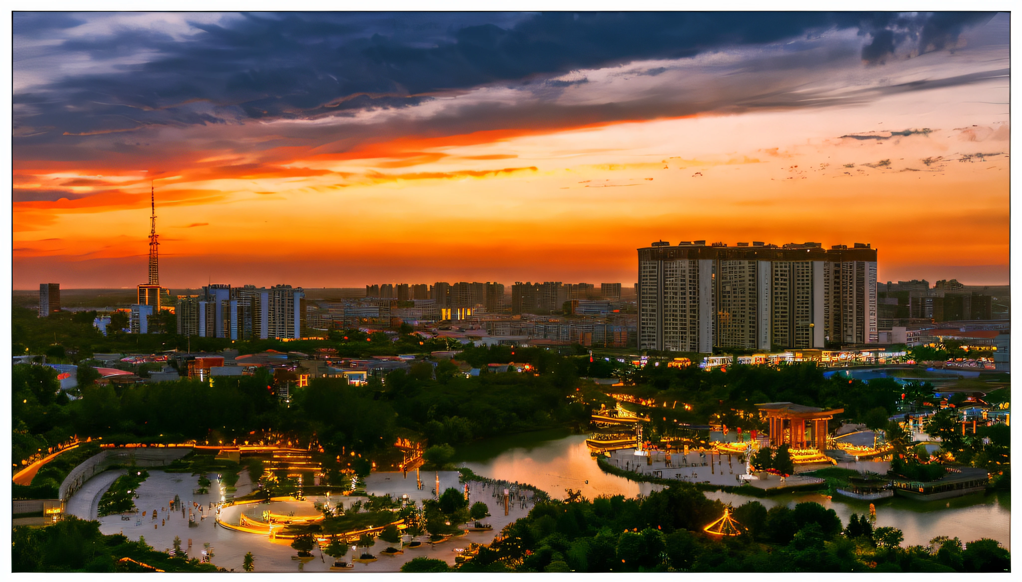 Sunset over the city, Summer evening, shot with canon eoa 6 d mark ii, F2.8 50mm, Sunset, city twilight landscape, Wide view,at twilight,City of Lights