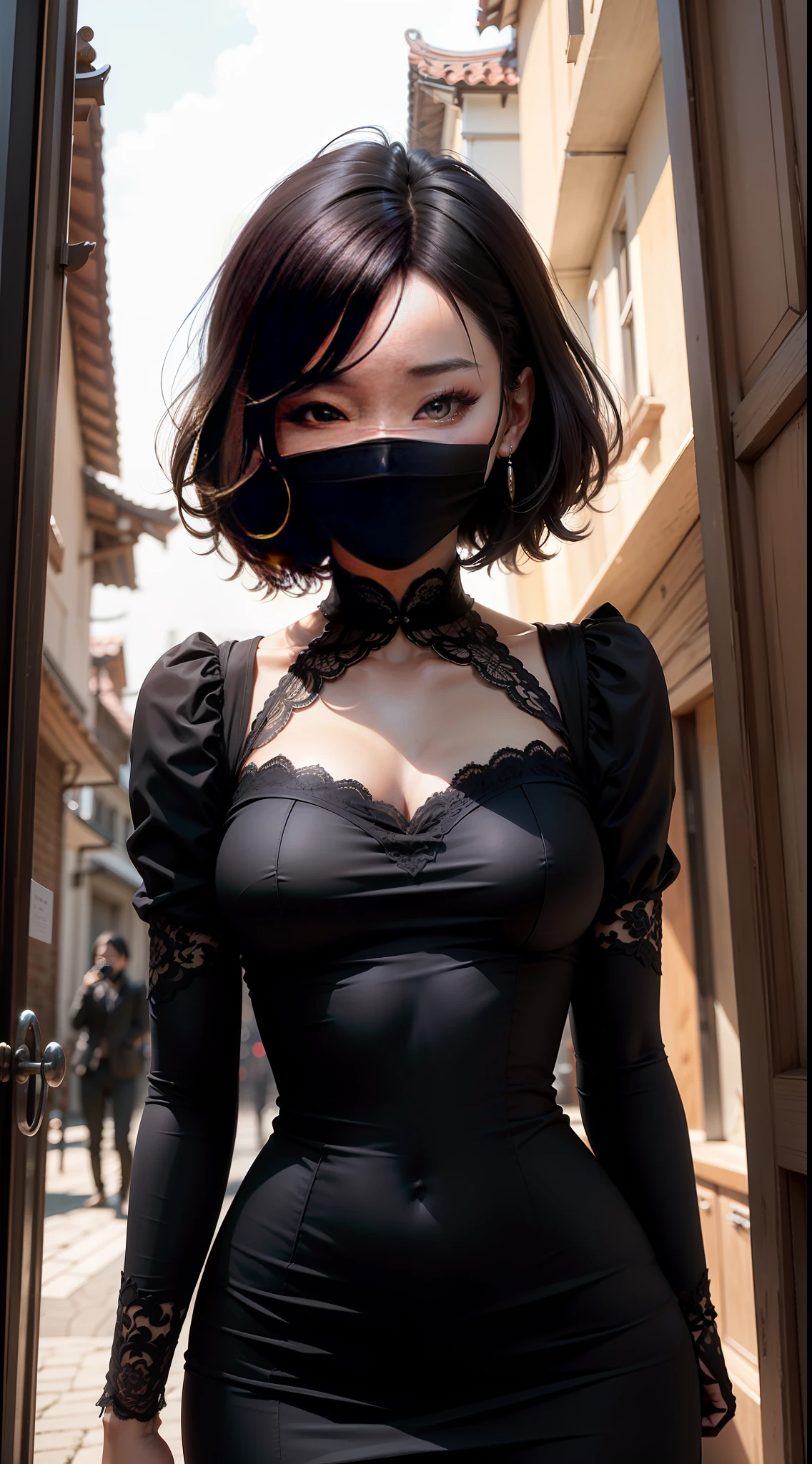 asian girl, vestido negro, guantes, mascarilla blanca, elegante, rubia, cabello corto, cabello ondulado, ojos con delineado, pechos descomunales, escote al aire, perspectiva cambiada, oscuridad, negro