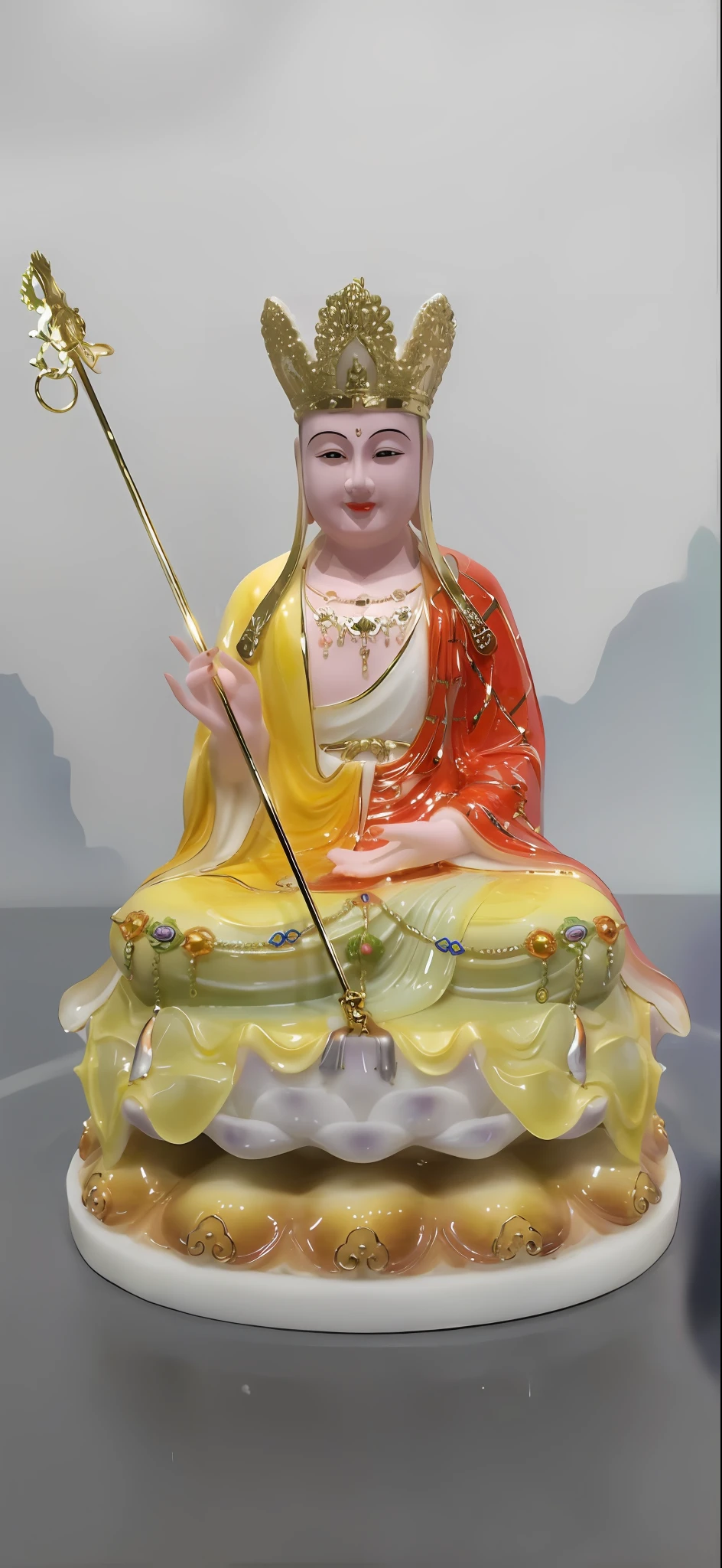 statue of a woman sitting on a yellow and yellow cushion, guanyin, contented female bodhisattva, guanyin of the southern seas, attractive male deity, indian goddess of wealth, white haired deity, bodhisattva, resin statue, showpiece, ceramic statue, standing gracefully upon a lotus, detailed image, full front view