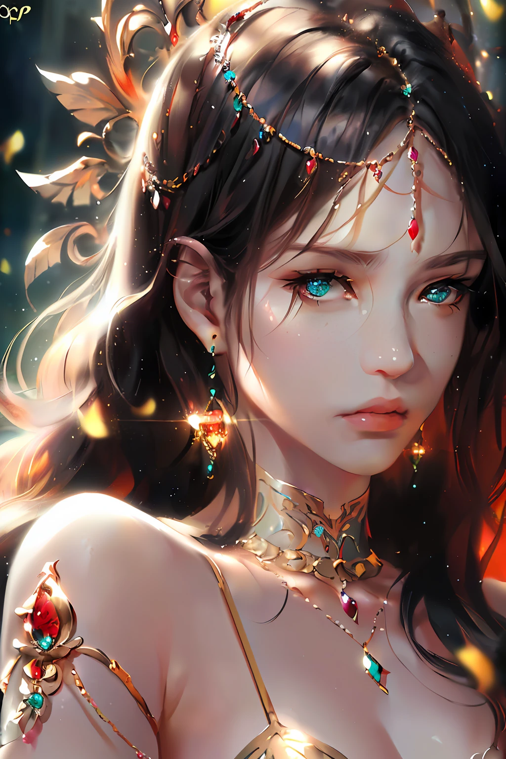 masterpiece, best quality, 1girl, half body, sad princess, fantasy, ((painting by wlop)) from artstation, glitter jewelry, glare, Iridescent, Global illumination, real hair movement, realistic light, realistic shadow, sideways glance, ((foreshortening)), soft light, dream light, perfect eyes, background 4k, romantic, high detail, crowns, gold and gems