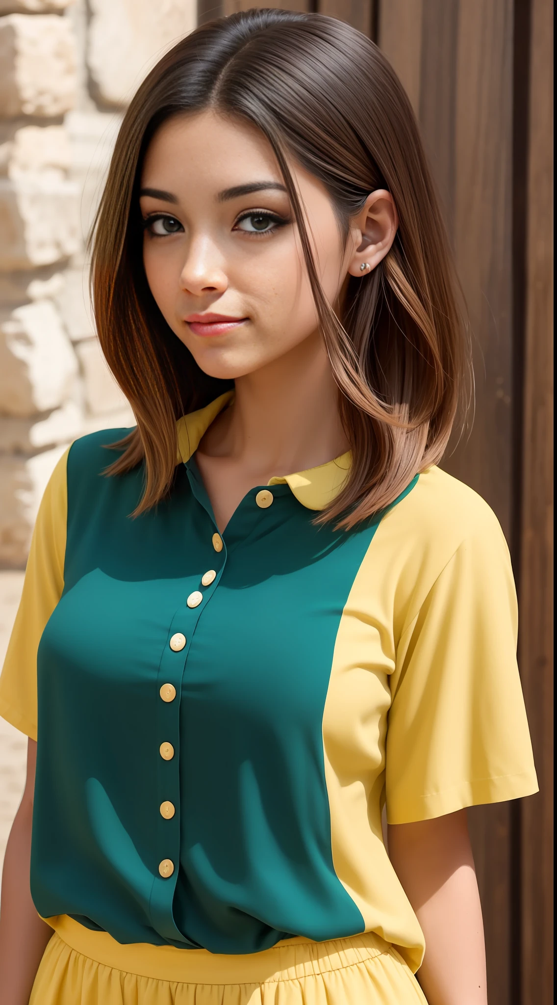 Chica morena con vestimenta medieval, falda de tela con cuero de animal, cuello de pelo, cabello amarrado y largo, detalles en la vestimenta, pechos redondos y finos