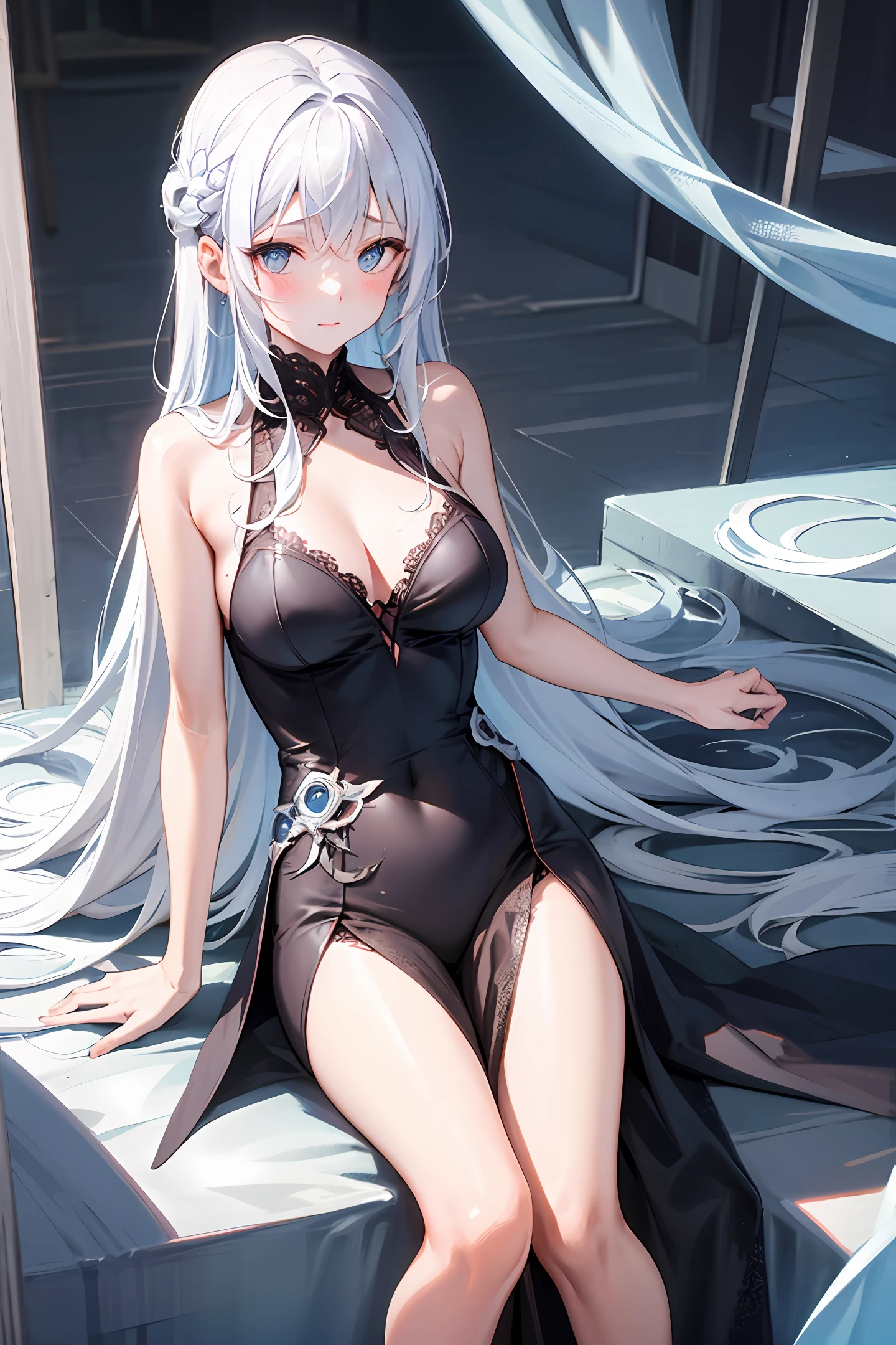 Cute medium breasts,white color hair,Blue pupil,A coquettish expression,Two-dimensional style,laughingly,Need,Be red in the face,Clothing that exposes,The white silk was stretched out
