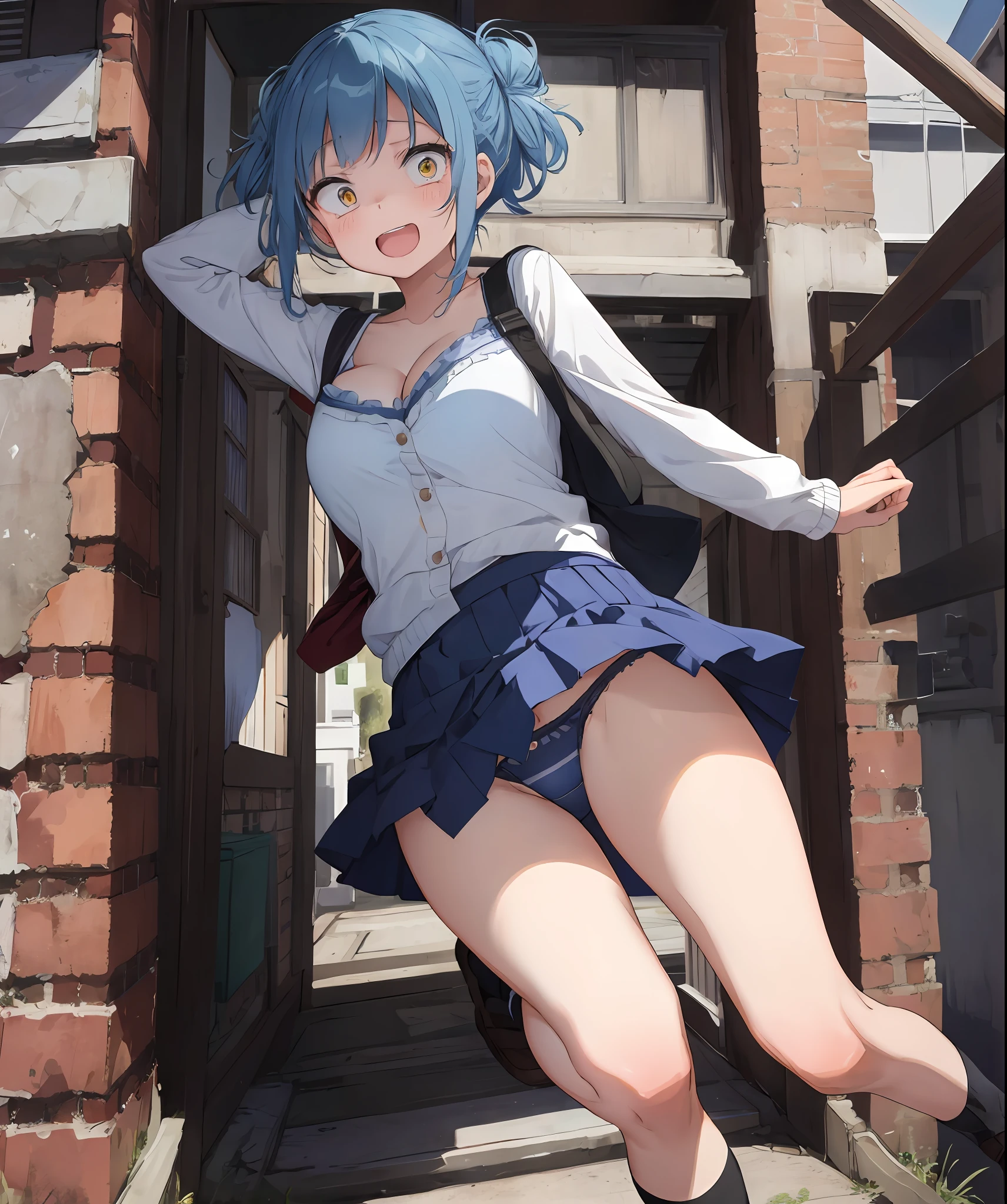 {{{masterpiece}}}, {{{best quality}}}, {{ultra-detailed}}, {illustration}, {{an extremely delicate and beautiful}},everyday, cute, girl, energetic, active, tomboy, jumping, blue hair, cute panties, skirt fluttering and panties visible, You can see cleavage, (nsfw:0.3)