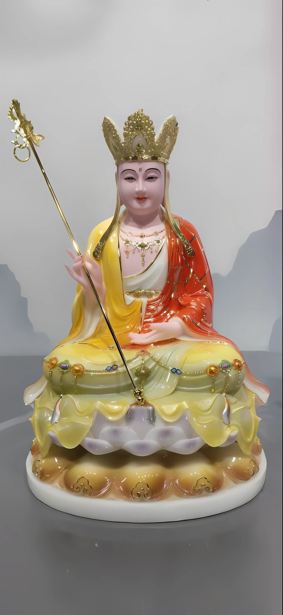 statue of a woman sitting on a yellow and yellow cushion, guanyin, contented female bodhisattva, guanyin of the southern seas, attractive male deity, indian goddess of wealth, white haired deity, bodhisattva, resin statue, showpiece, ceramic statue, standing gracefully upon a lotus, detailed image, full front view