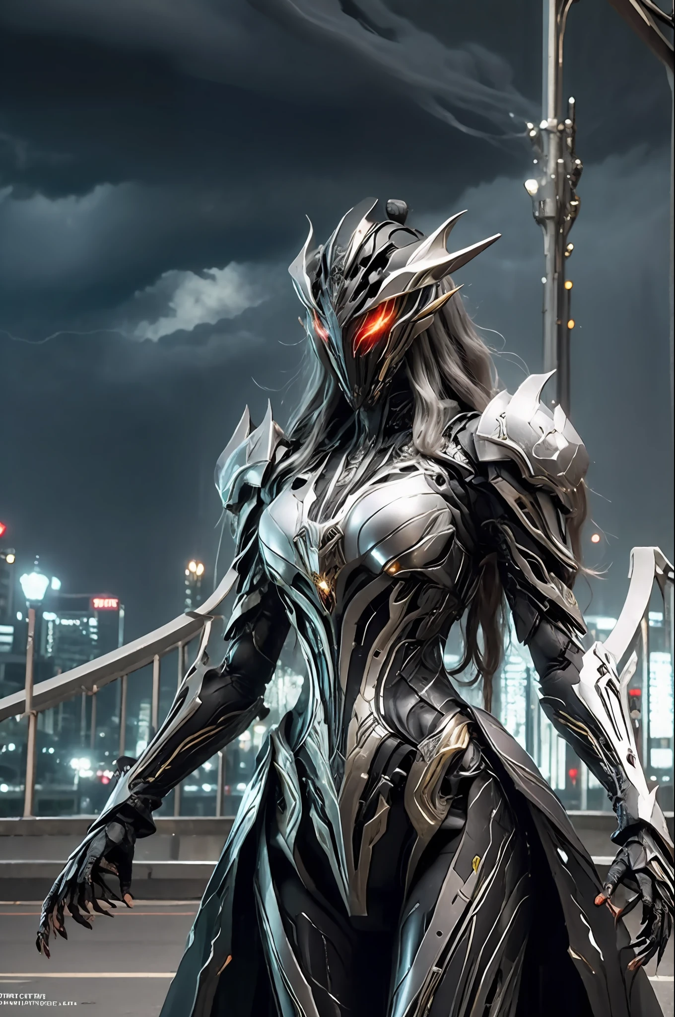1 japanese girl, WARFRAME, intricate pattern, heavy metal, energy lines, faceless, glowing eyes, long silver hair, wind blown hair, elegant, intense, blood red and black uniform, solo, modern, city, streets, dark clouds, thunderstorm, heavy rain,
dramatic lighting,
(masterpiece:1.2), best quality, high resolution, beautiful detailed, extremely detailed, perfect lighting,