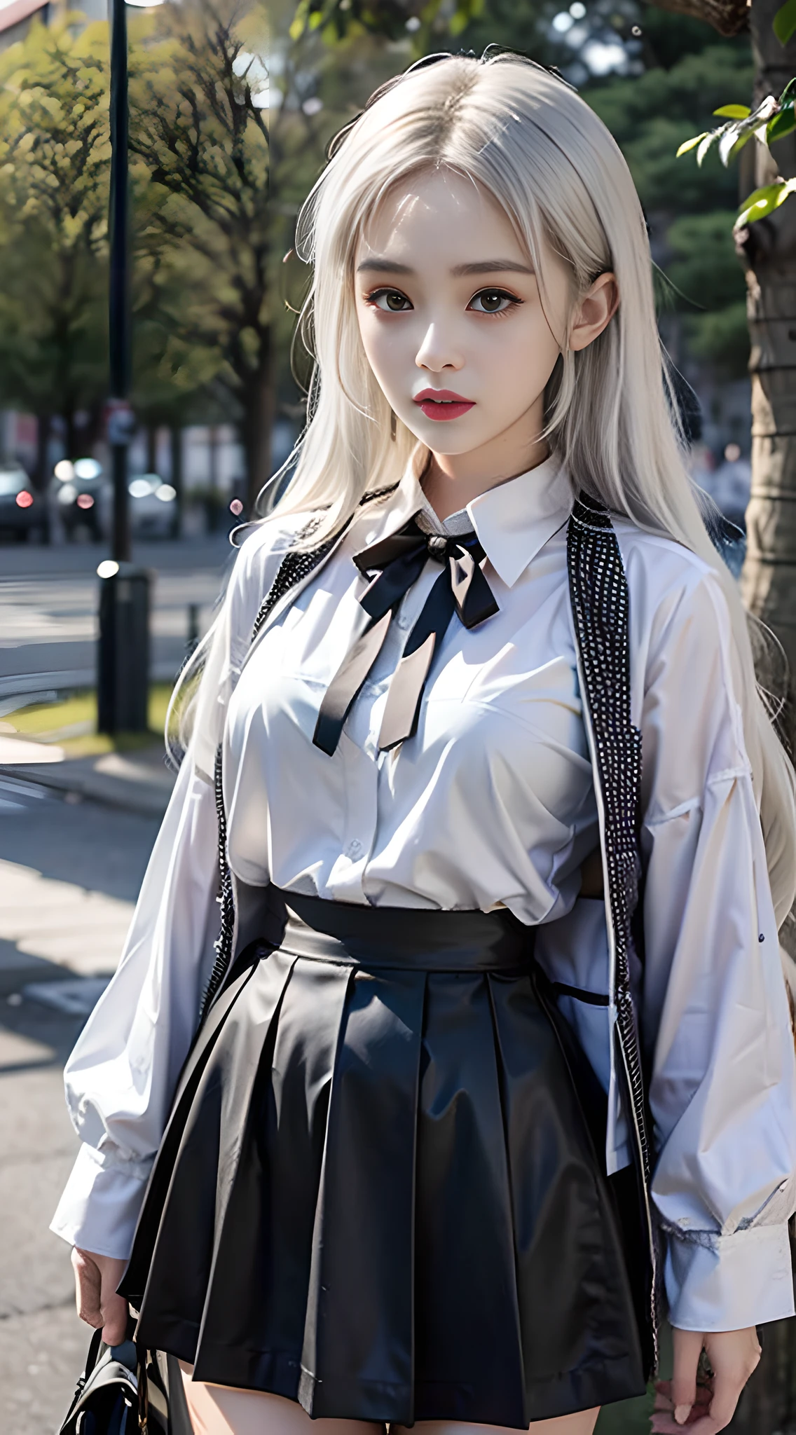 there is a woman that is posing for a picture in a park, sakimichan, Perfect white haired girl, Anime girl in real life, Urzan, 🌺 CGSesociety, cruel korean goth girl, style anime, Korean girl, shikamimi, JK school uniform, white shirt and grey skirt, Surrealism female student, sensual gloomy style, anime-inspired
