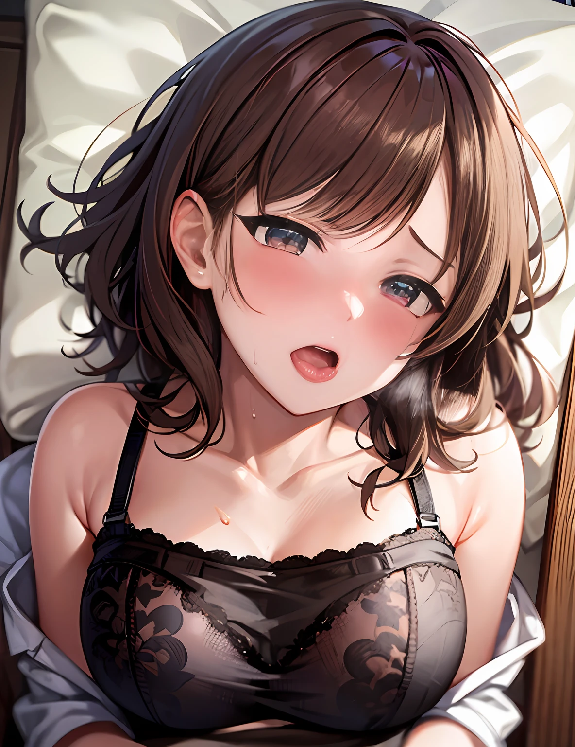 pov、Beautiful woman with brown hair in shorts and bra、Lying next to you in bed、Angle from above、beste-Qualit、​masterpiece、８ｋ、Beautiful pictures, (red blush), ,NSFW、Holding back from peeing、Open mouth、put out the tongue、Steam from the mouth、Sweat from the face、Patience is the limit、On the verge of climax、embarrassed from