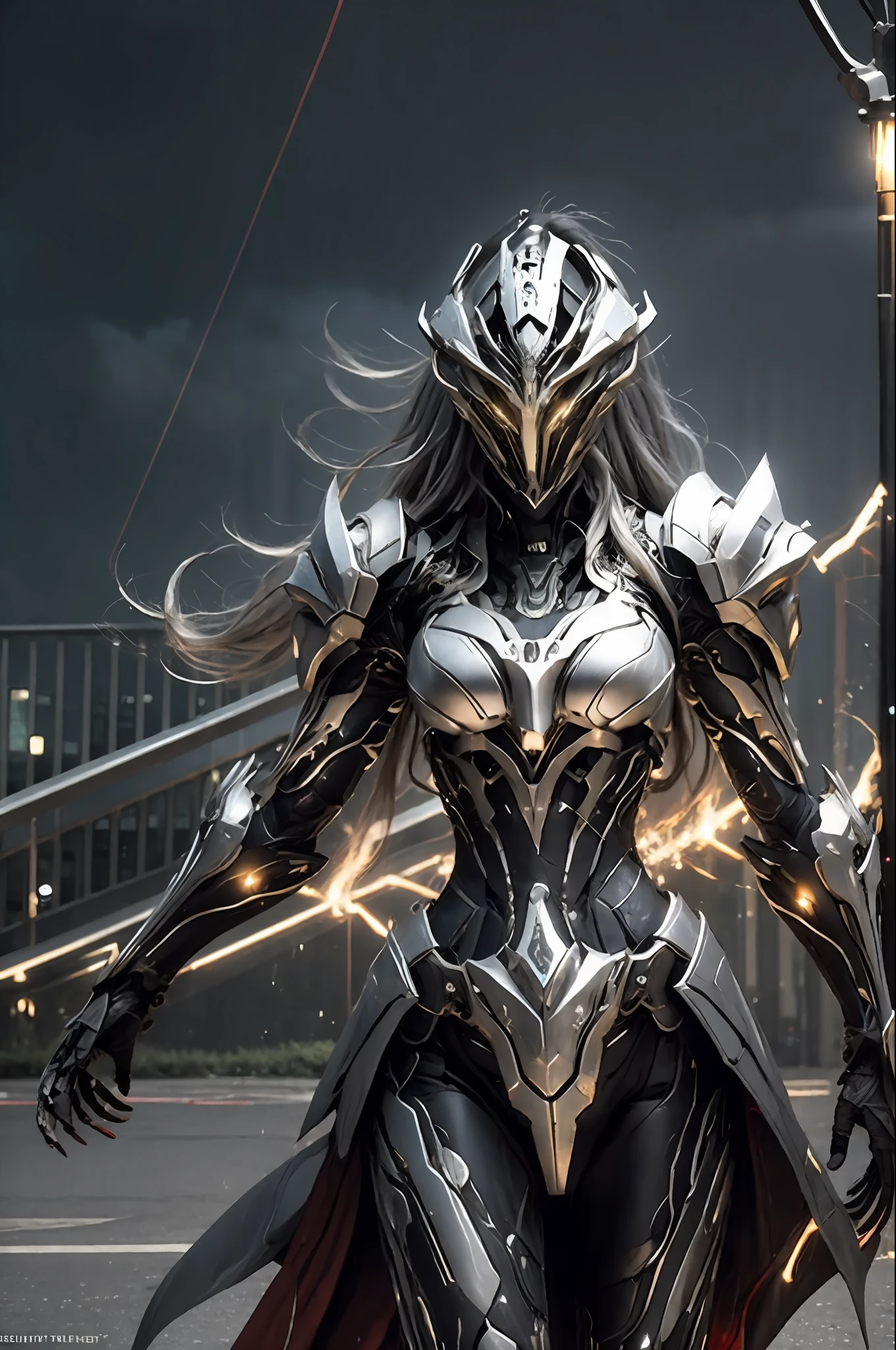 1 japanese girl, WARFRAME, intricate pattern, heavy metal, energy lines, faceless, glowing eyes, long silver hair, wind blown hair, elegant, intense, blood red and black uniform, solo, modern, city, streets, dark clouds, thunderstorm, heavy rain,
dramatic lighting,
(masterpiece:1.2), best quality, high resolution, beautiful detailed, extremely detailed, perfect lighting,