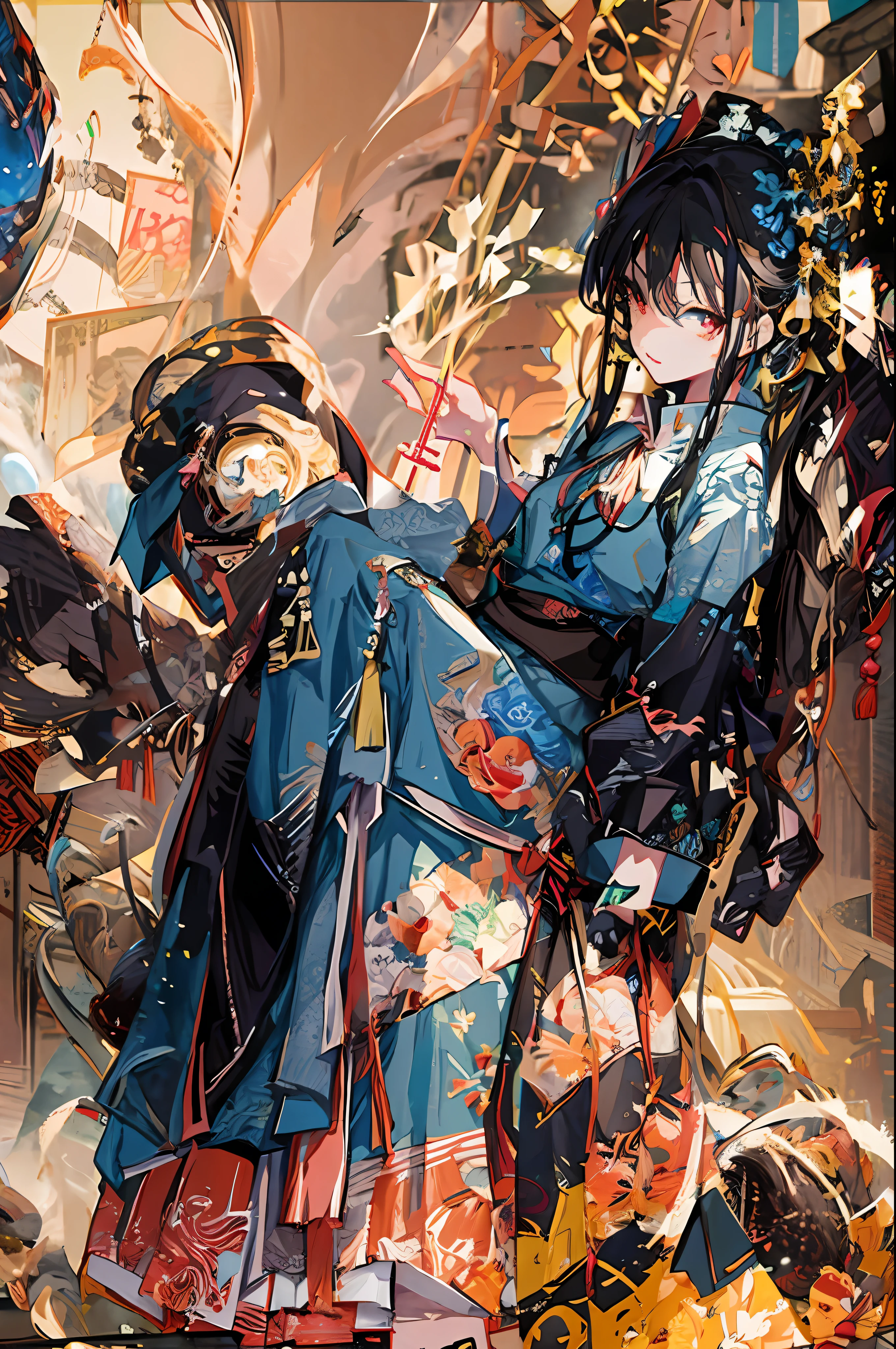 anime characters dressed in blue and red are standing in a room, Official artwork, high detailed official artwork, detailed key anime art, From Arknights, Detailed anime artwork, Kawasi, detailed anime art, Detailed digital anime art, Official anime artwork, touhou project official artwork, Beautiful anime artwork, anime fantasy illustration, By Yuumei, Anime fantasy artwork,Chinese horror