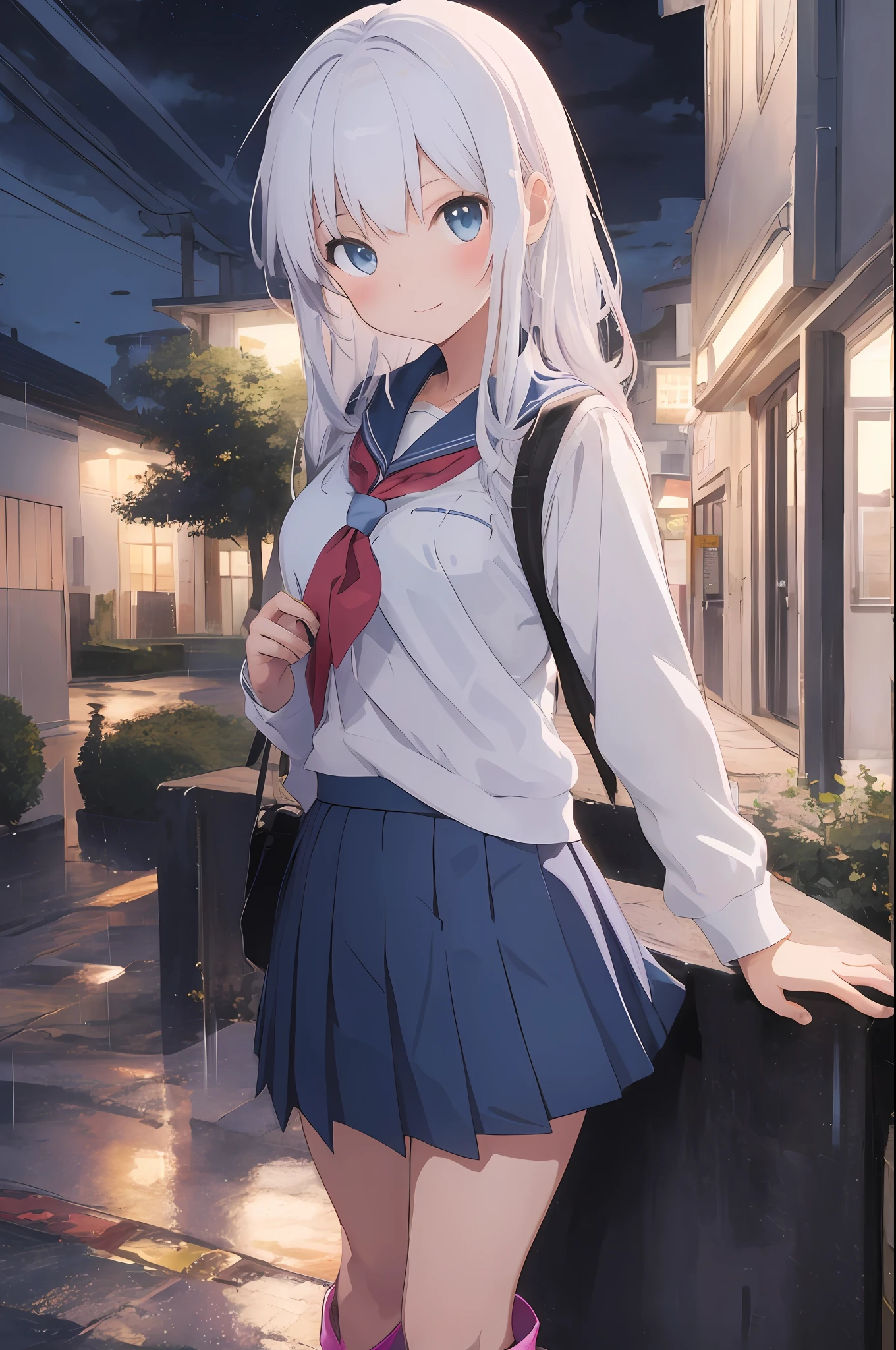 school anime cat girl, blue skirt, white hair, pink boots, rain, night city, school uniform, skirt