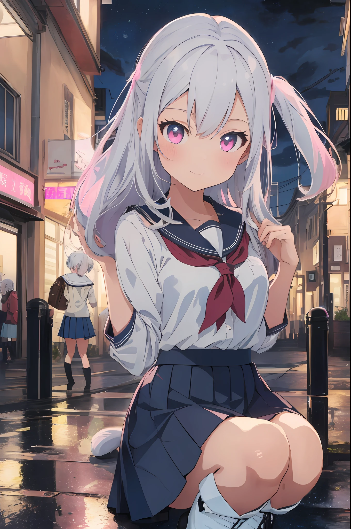 school anime cat girl, blue skirt, white hair, pink boots, rain, night city, school uniform, skirt