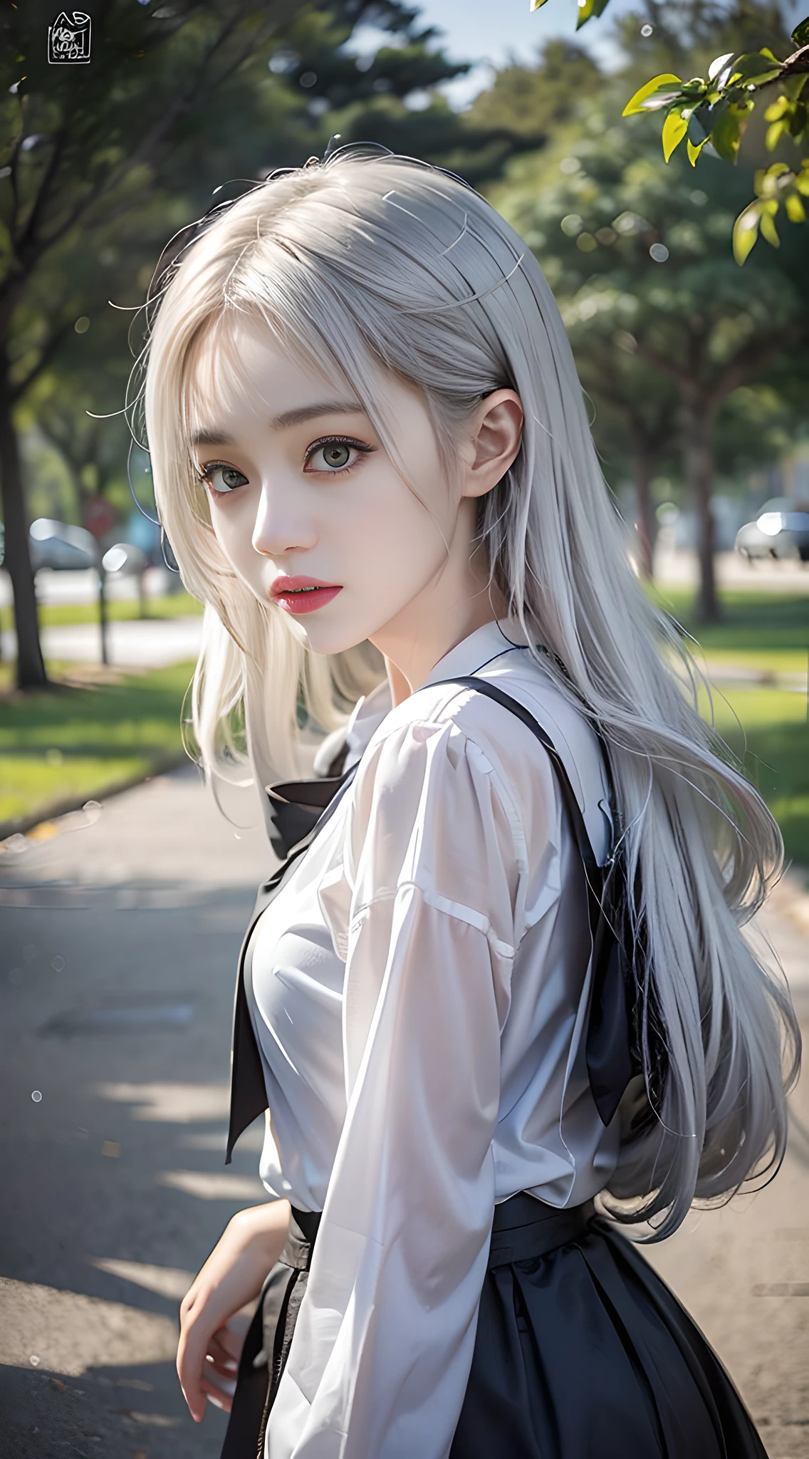 there is a woman that is posing for a picture in a park, sakimichan, Perfect white haired girl, Anime girl in real life, Urzan, 🌺 CGSesociety, cruel korean goth girl, style anime, Korean girl, shikamimi, JK school uniform, white shirt and grey skirt, Surrealism female student, sensual gloomy style, anime-inspired