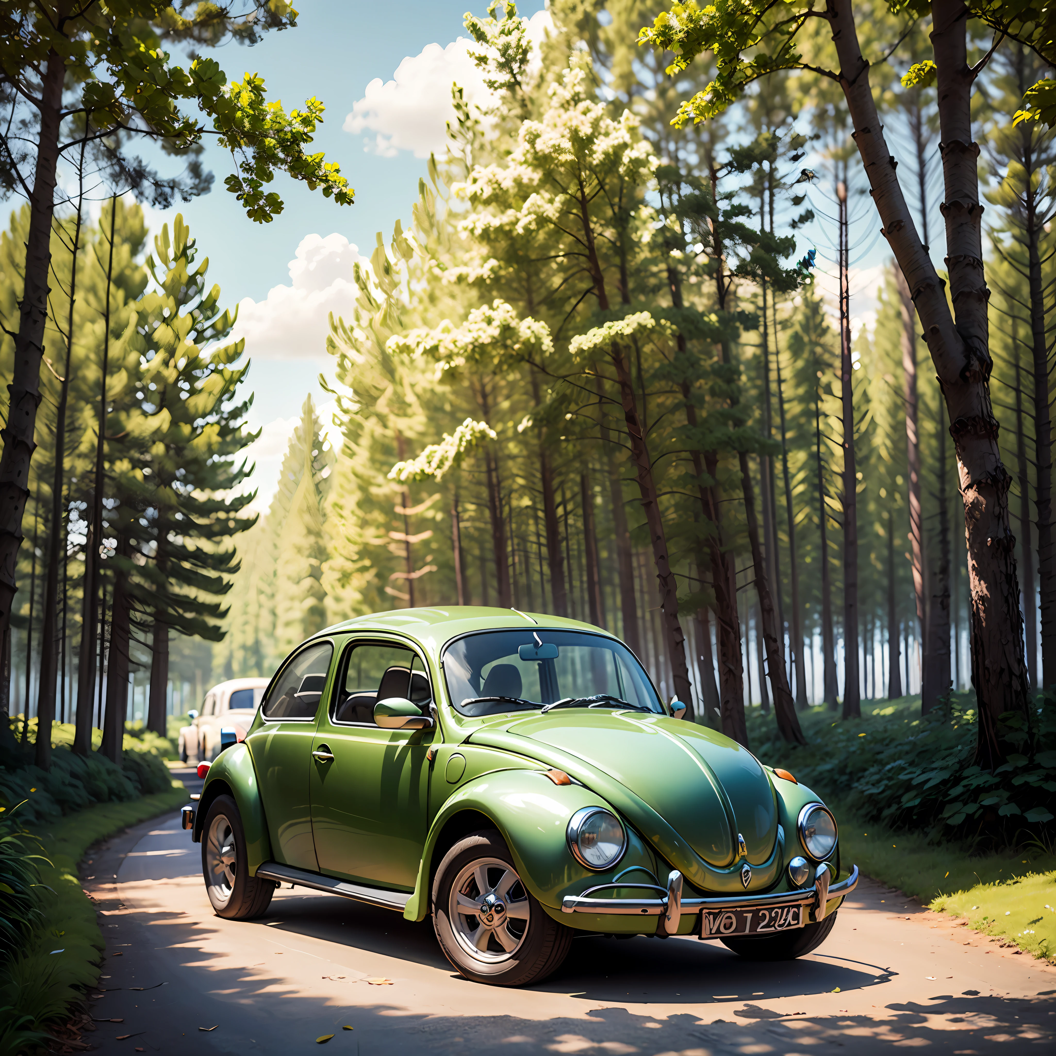 Best quality, masterpiece, ultra high res, (photorealistic:1.4), VW Beetle, shiny, nature, flowers, trees, England, sunny, bright, good photo composition