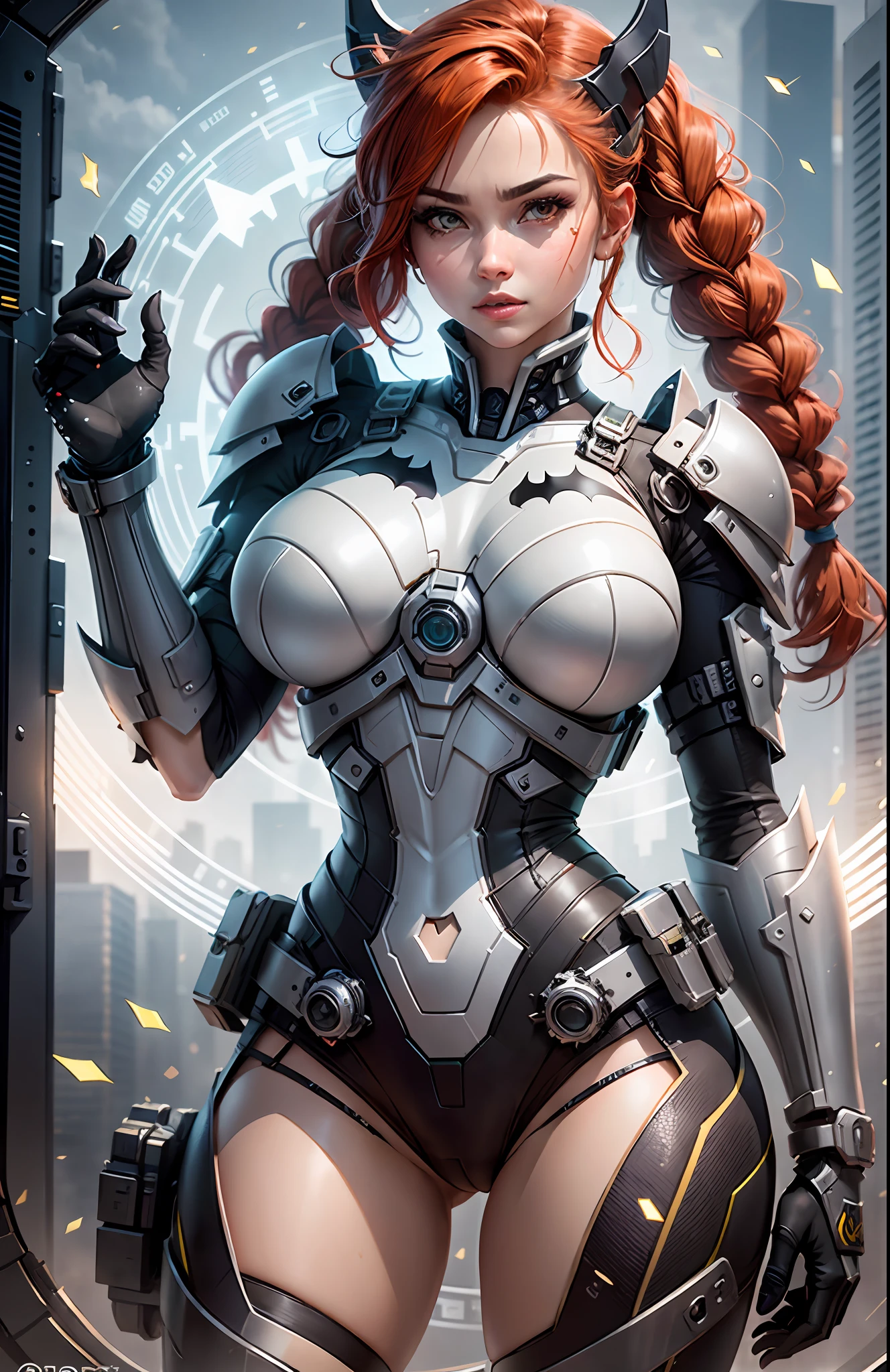 (Melhor Qualidade)), ((Obra-prima)), (Muito Detalhado: 1.3), 3D, Linda mulher cyberpunk, cosplay do batman, tecnologia sci-fi, HDR (High Dynamic Range), ray tracing, nvidia RTX, Super Resolution, unreal 5, espalhamento subsuperficial, textura PBR, Post-processing, anisotropic filtering, profundidade de campo, Maximum Sharpness and Sharpness, textura multi-camadas, Mapeamento especular e de albedo, surface shading, Precise simulation of light-material interactions, Perfect Ratios, octane rendering, duotone lighting, ISO baixo, white-balance, rule of thirds, ampla abertura, 8K RAW, high efficiency subpixels, Subpixel convolution, luminous particles, espalhamento de luz, efeito Tyndall, muito sexy de biquini, corpo inteiro, pose de batalha, red hair with braids, cosplay do Batman,