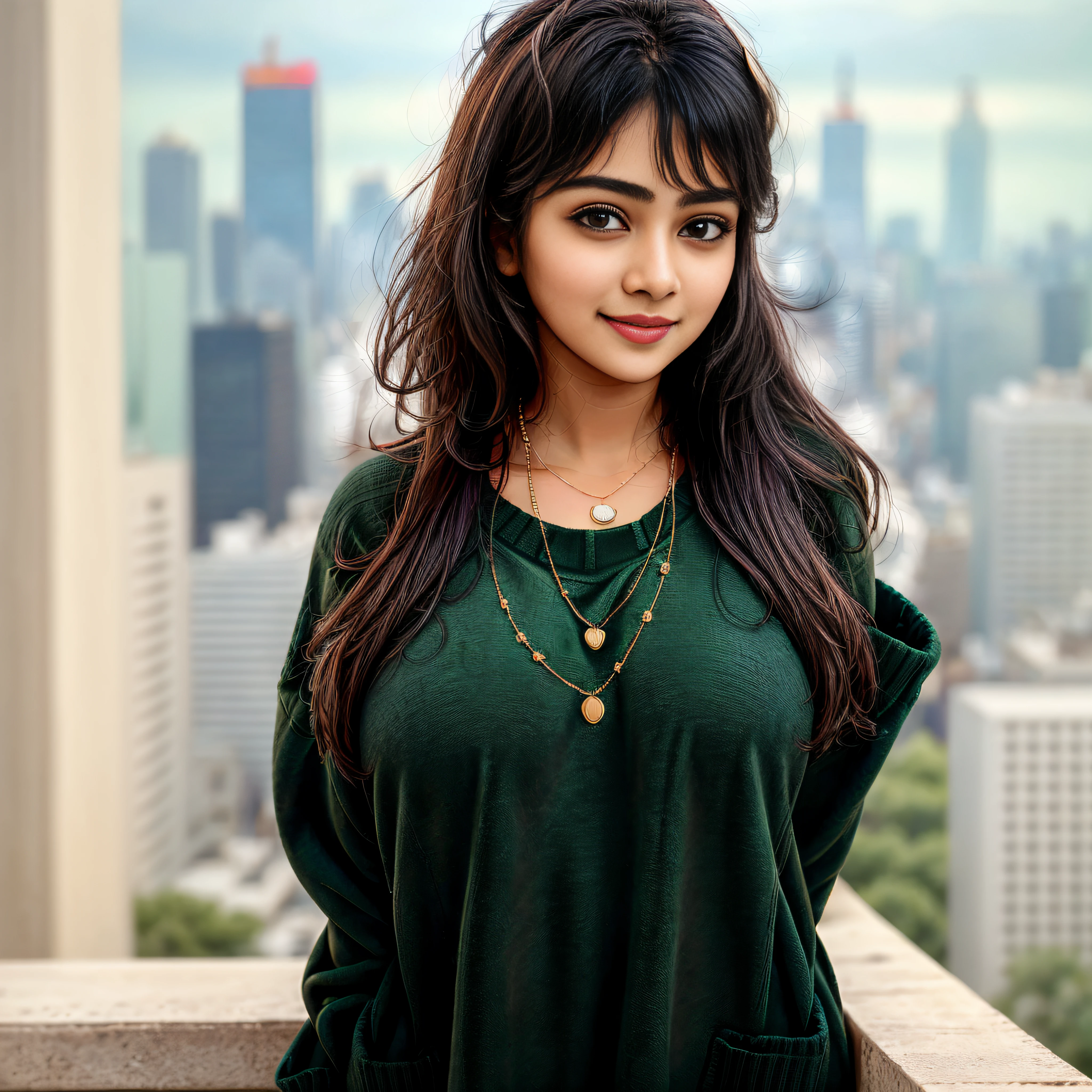 (Best quality, 8k, 32k, Masterpiece, UHD:1.2), Photo of the beautiful Indian girl, black hair, big boobs, upper body,(oversized_green sweater,:1.1) necklace, city background(0.1), looking at around, smile, hold on the smartphone