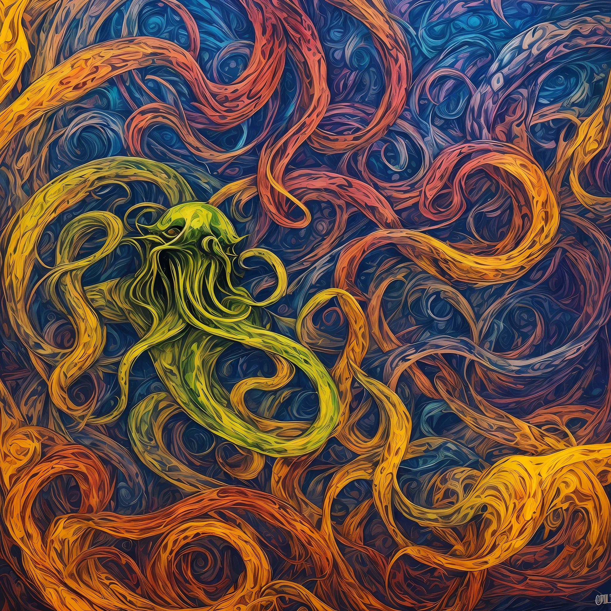 a painting of a colorful swirly pattern with a yellow octopus, vivid tentacles, flowing tendrils, intricate organic painting, tentacles in universe, cthulhu squid, shamanic horror lsd art, intricate flowing paint, tendrils of colorful light, tentacles around, lovecraft art, twisted tentacles, subtle lovecraftian vibes