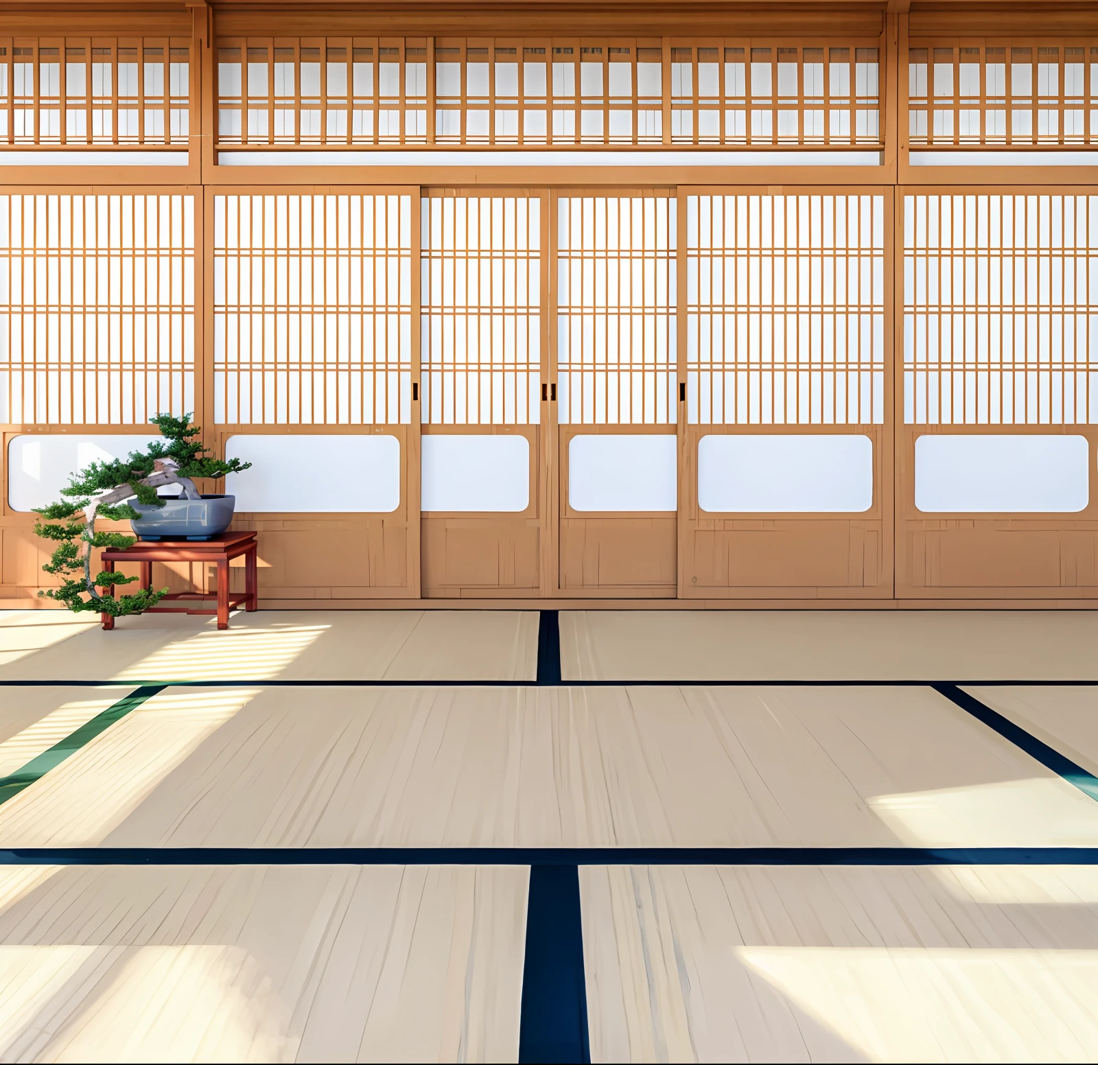 there is a room with a wooden floor and a plant in a pot, zen temple background, in a dojo, japanese house, traditional japanese, japanese temples, modern japanese living room, inspired by Kanō Shōsenin, Japanese style, in a japanese apartment, inspired by Gusukuma Seihō, with matsu pine trees, traditional korean interior