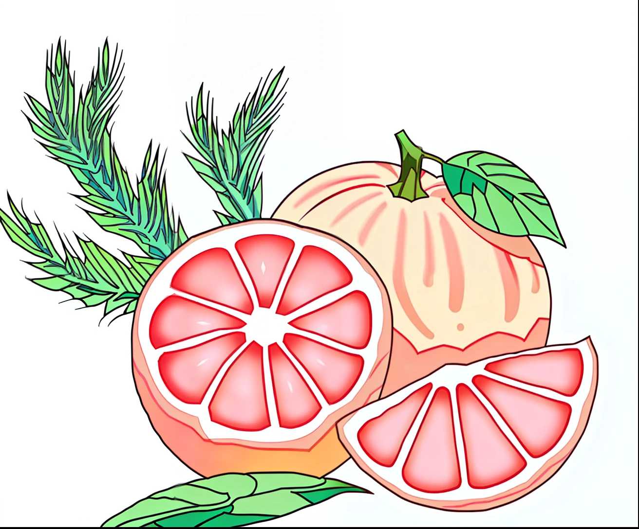 there is a watercolor painting of a grapefruit and a pine branch, made with illustrator, sliced grapefruit, Digital illustration, Fruit, detailed digital illustration, Stylized digital illustration, illustration”, digital art illustration, illustration!, made in adobe illustrator, author：Carey Morris, peach embellishment, added detail, illustration detailed, Digital drawing, in style of digital illustration, garnish, offcial art