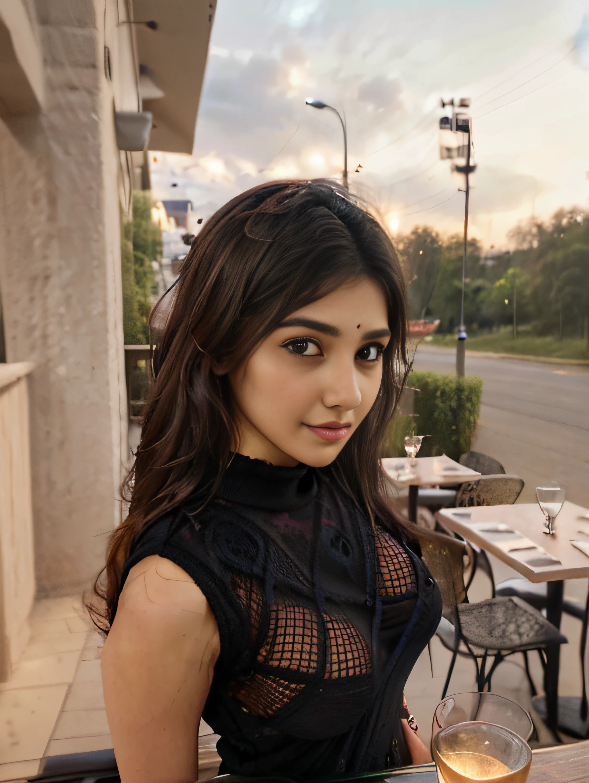 Raw photo, realistic,girl,Indian girl,age 22, full body,pale skin,petite body, beautiful face, detailed face,black fishnet sweater dress,big boobs, big breasts, upper body, sitting, cowboy shot, outdoor, night, restaurant, ((looking at viewer:1.4)),((face towards me)), from below,side profile