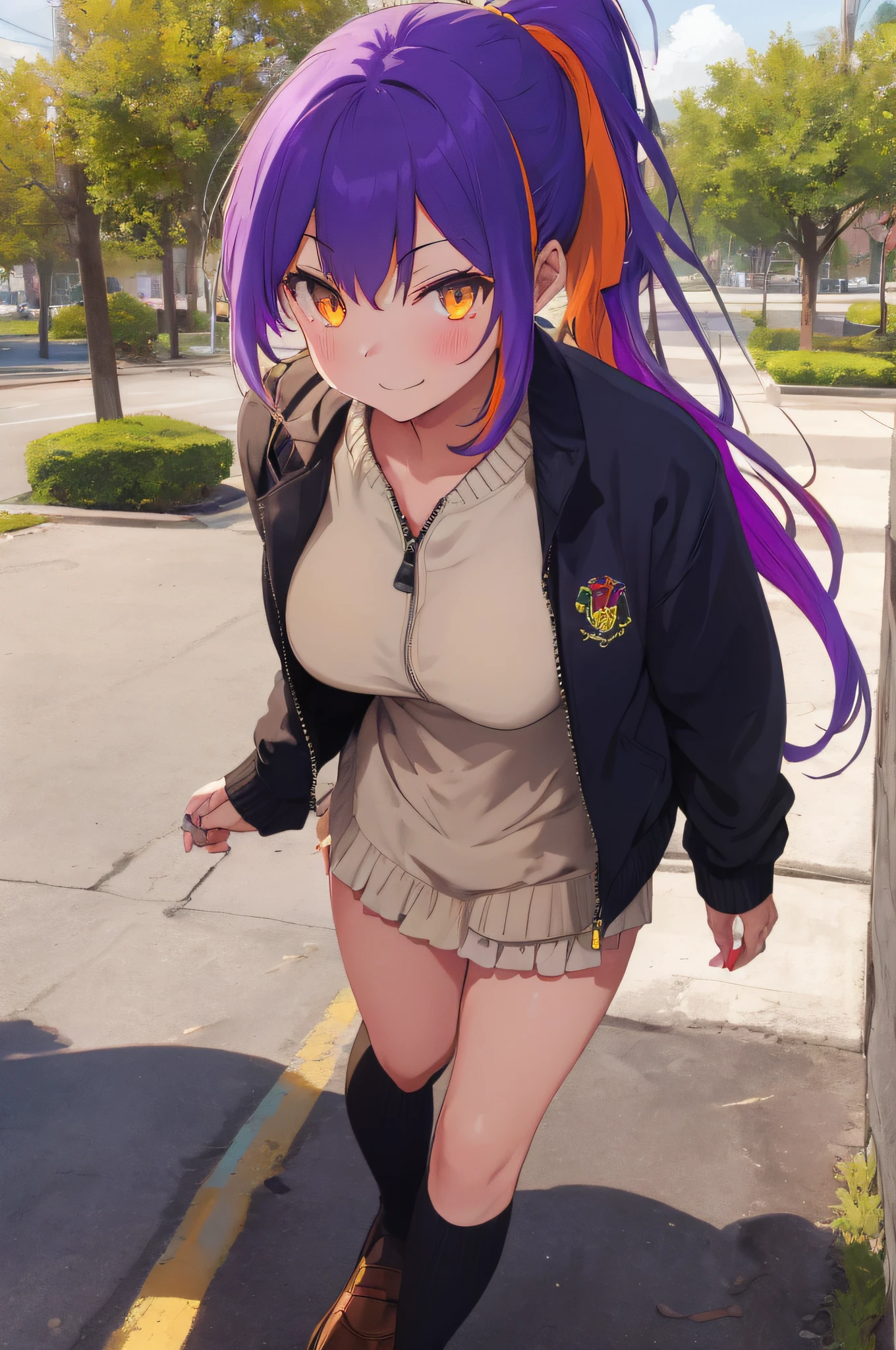 1 girl , solo, leg up, multicolored hair, purple hair, orange hair, amber eyes, smug, ponytail--, long hair, sweater, loafers, zipper, frills, park, (nsfw:1.5)