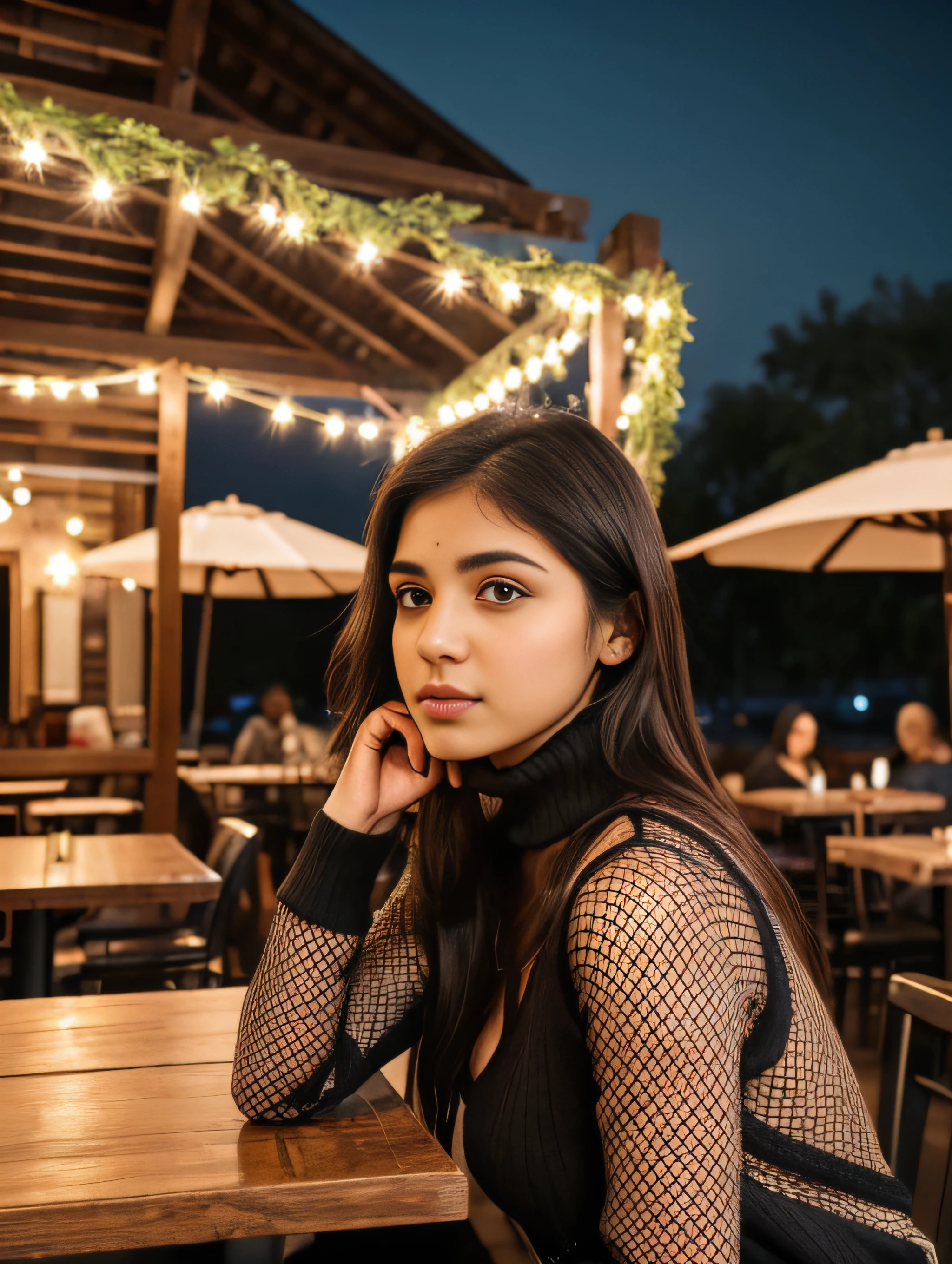 Raw photo, realistic,girl,Indian girl,age 22, full body,pale skin,petite body, beautiful face, detailed face,black fishnet sweater dress,big breasts, upper body, sitting, cowboy shot, outdoor, night, restaurant, ((looking at viewer:1.4)),((face towards me)), from below,side profile