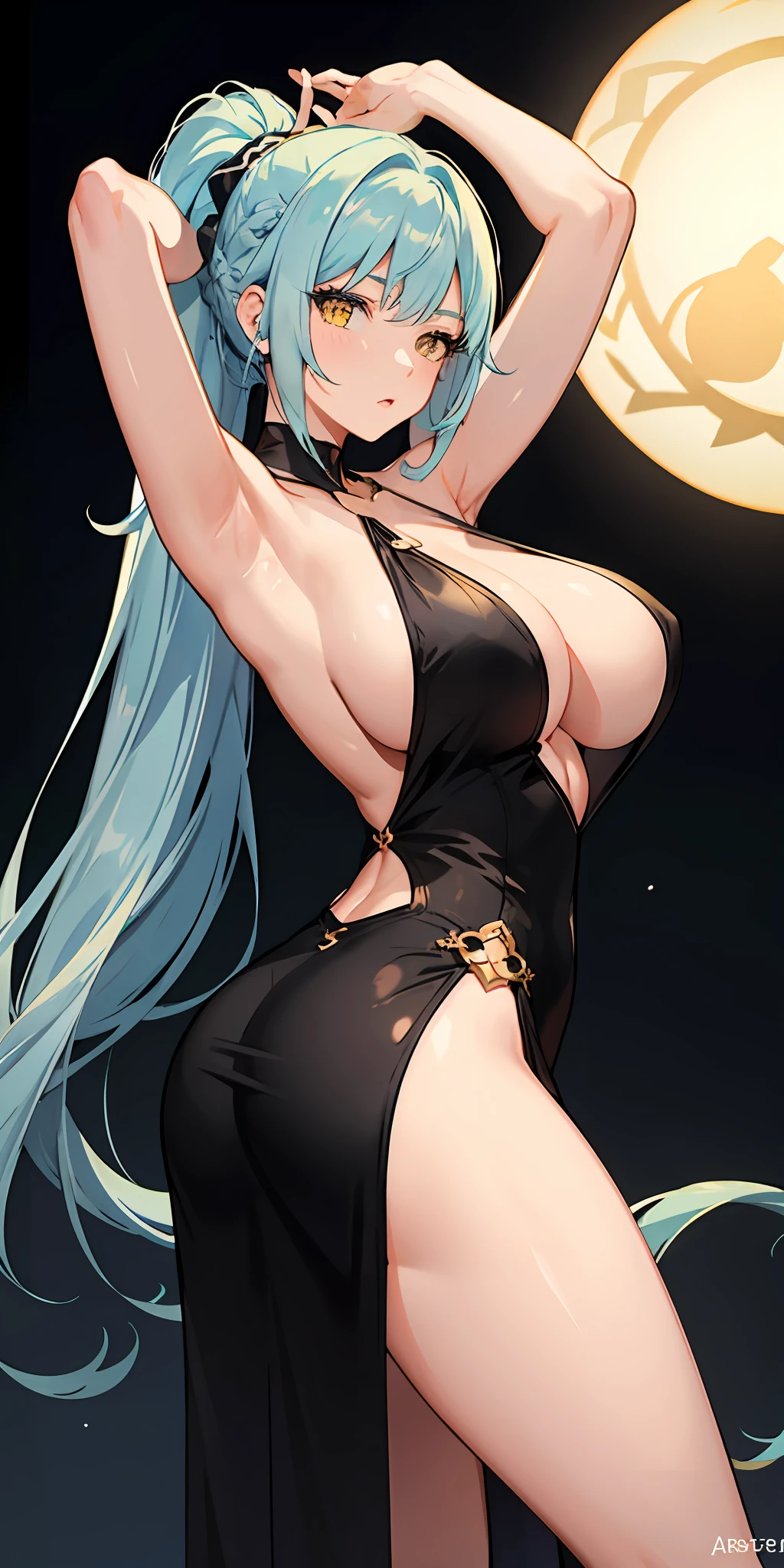 Light blue hair, long hair, yellow eyes, massive boobs, massive ass, collarbone, ponytail, bare shoulder, short dress, arms up, armpits
