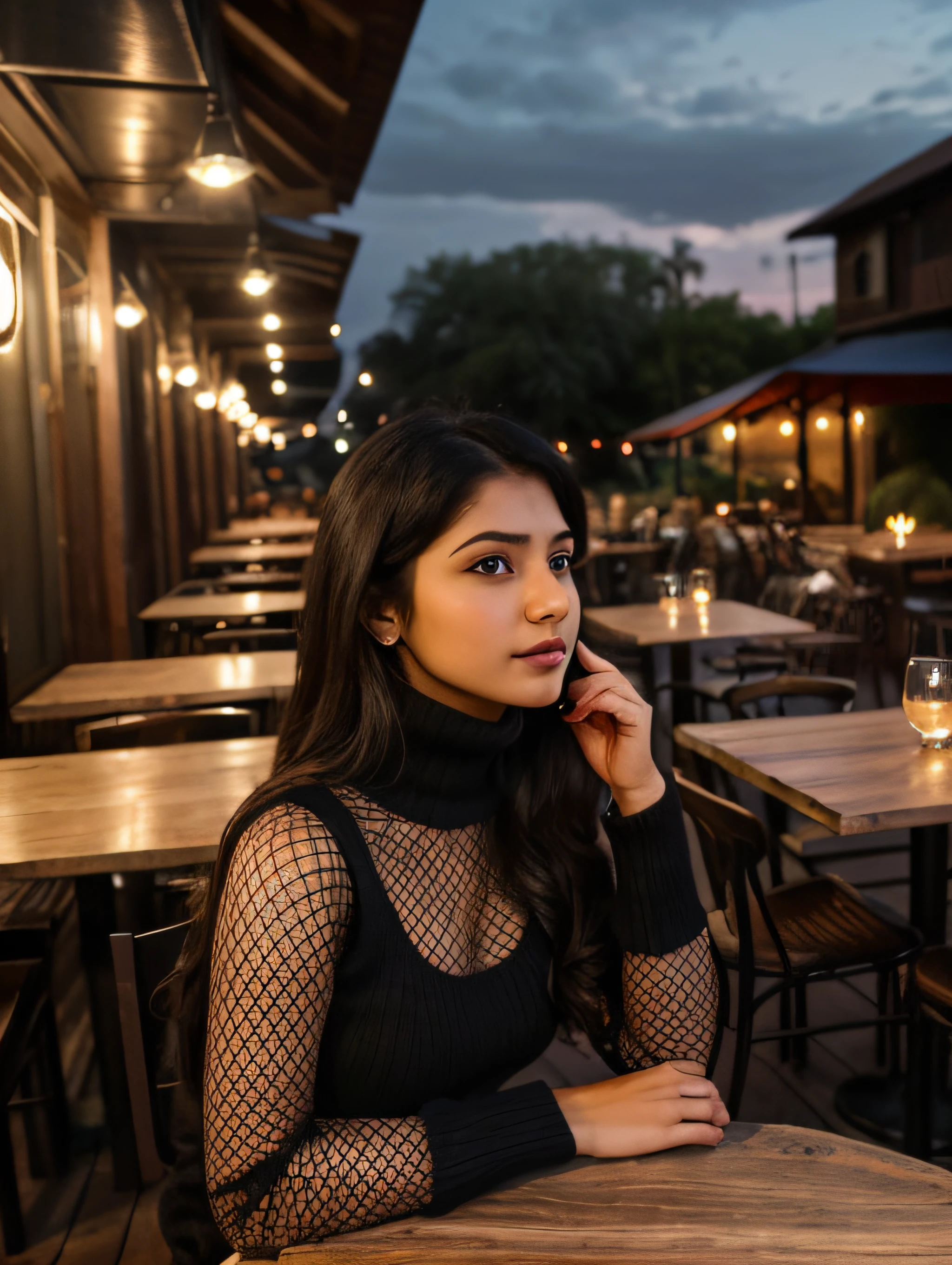 Raw photo, realistic,girl,Indian girl,age 22, full body,pale skin,petite body, beautiful face, detailed face,black fishnet sweater dress,big breasts, upper body, sitting, cowboy shot, outdoor, night, restaurant, ((looking at viewer:1.4)),((face towards me)), from below,side profile