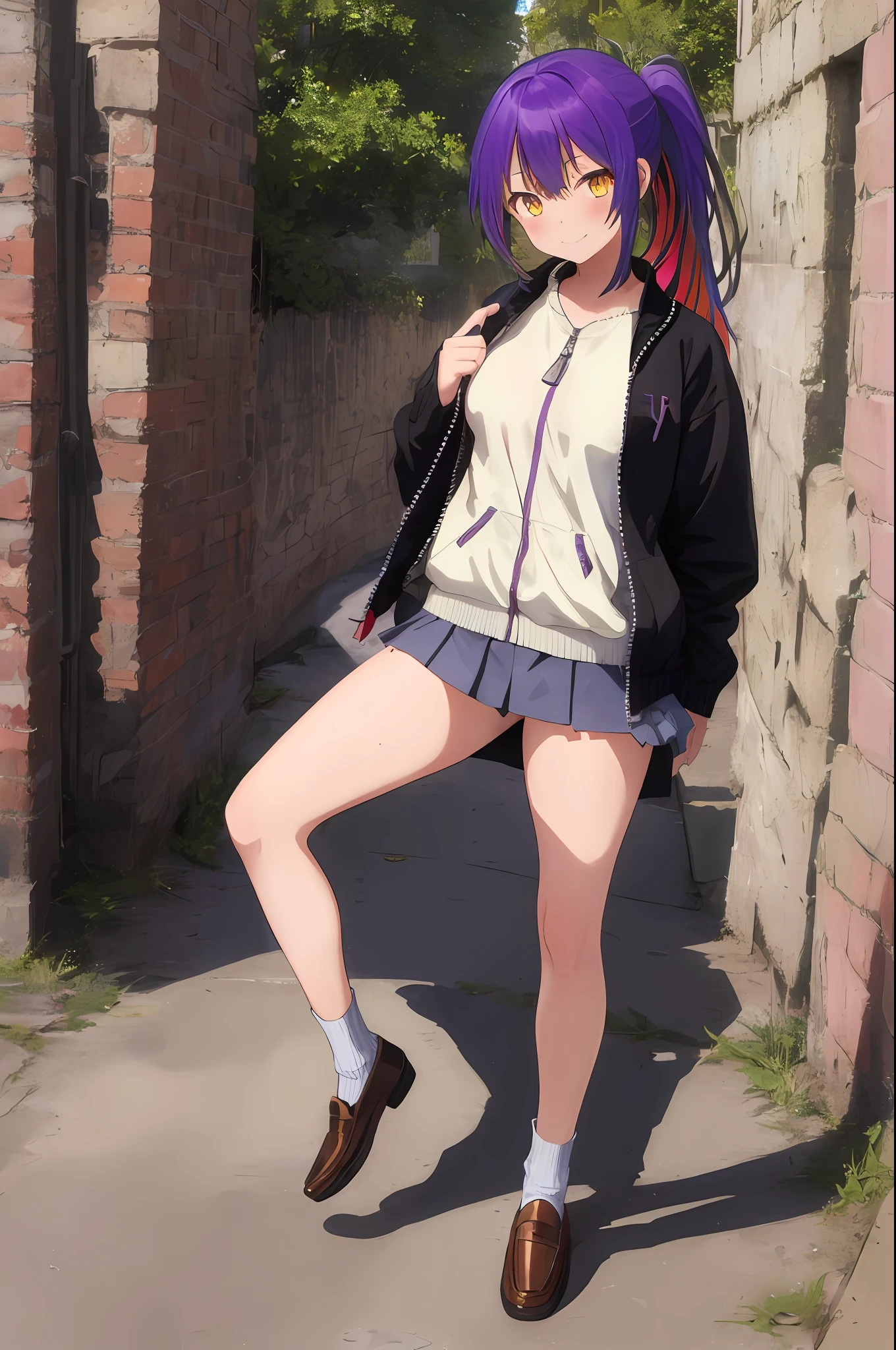 1 girl , solo, leg up, multicolored hair, purple hair, orange hair, amber eyes, smug, ponytail--, long hair, sweater, loafers, zipper, frills, park, (nsfw:1.5)