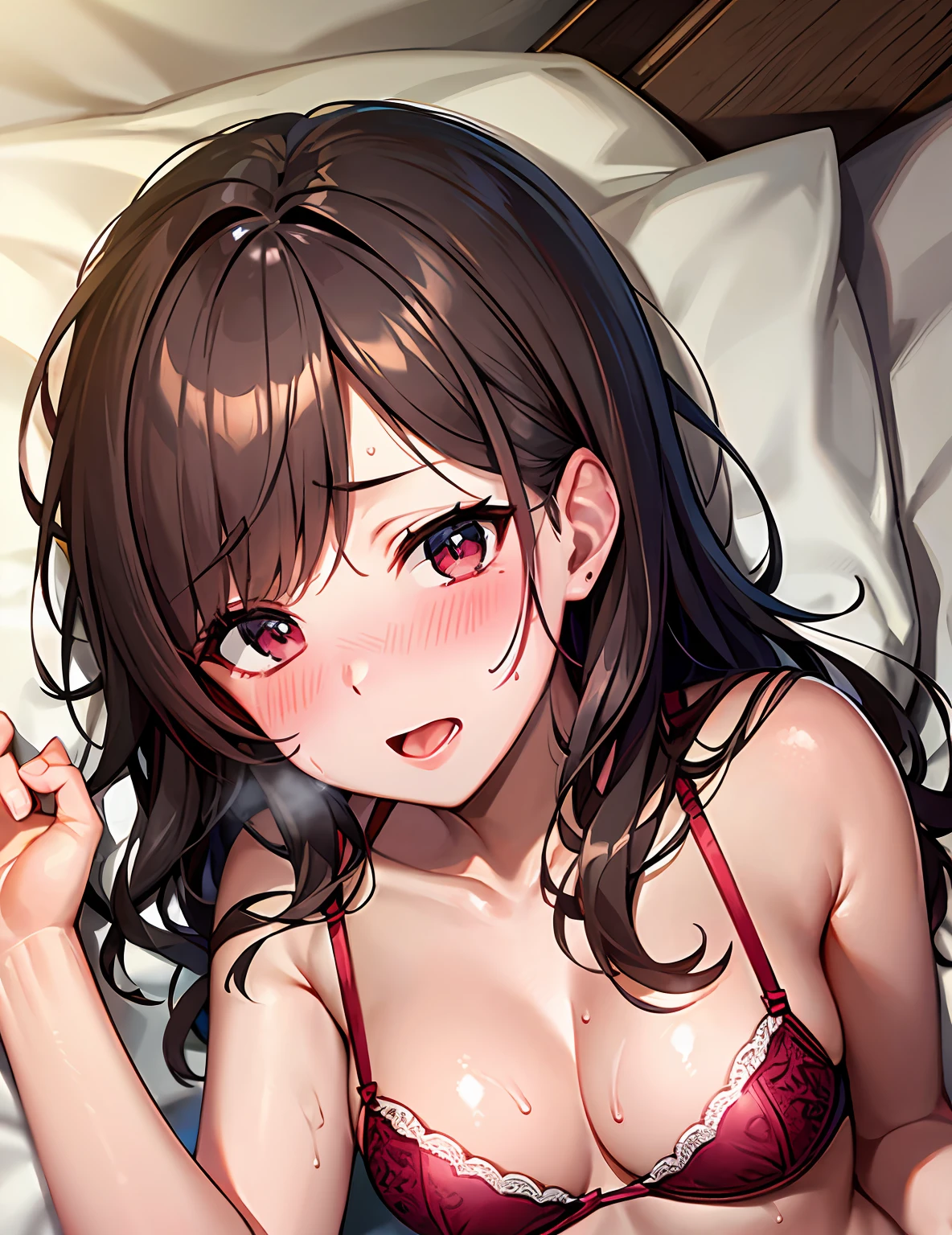 pov、Beautiful woman with brown hair in shorts and bra、Lying next to you in bed、Angle from above、beste-Qualit、​masterpiece、８ｋ、Beautiful pictures, (red blush), ,NSFW、Holding back from peeing、Open mouth、put out the tongue、Steam from the mouth、Sweat from the face、Patience is the limit、On the verge of climax、embarrassed from