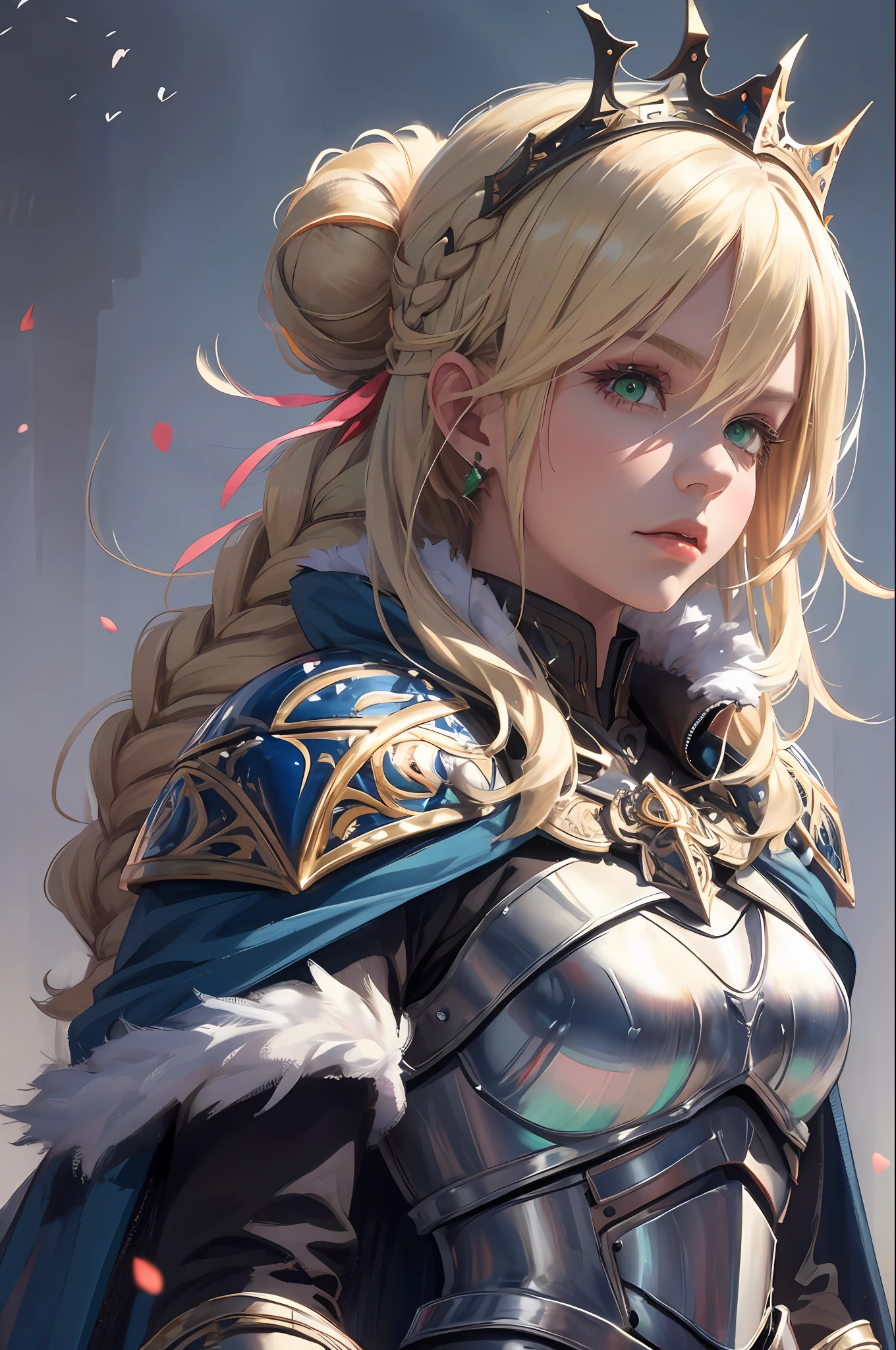 wlstyle, (realistic:1.4), (extremely intricate:1.2), 1girl, bangs, blonde hair, hair ornament, ribbon, closed mouth, green eyes, upper body, braid, flower, ahoge, solo focus, hair bun, cape, armor, lips, fur trim, looking down, crown, gauntlets, light particles, french braid, breastplate, armored dress, blue cape, fur-trimmed cape, knight,