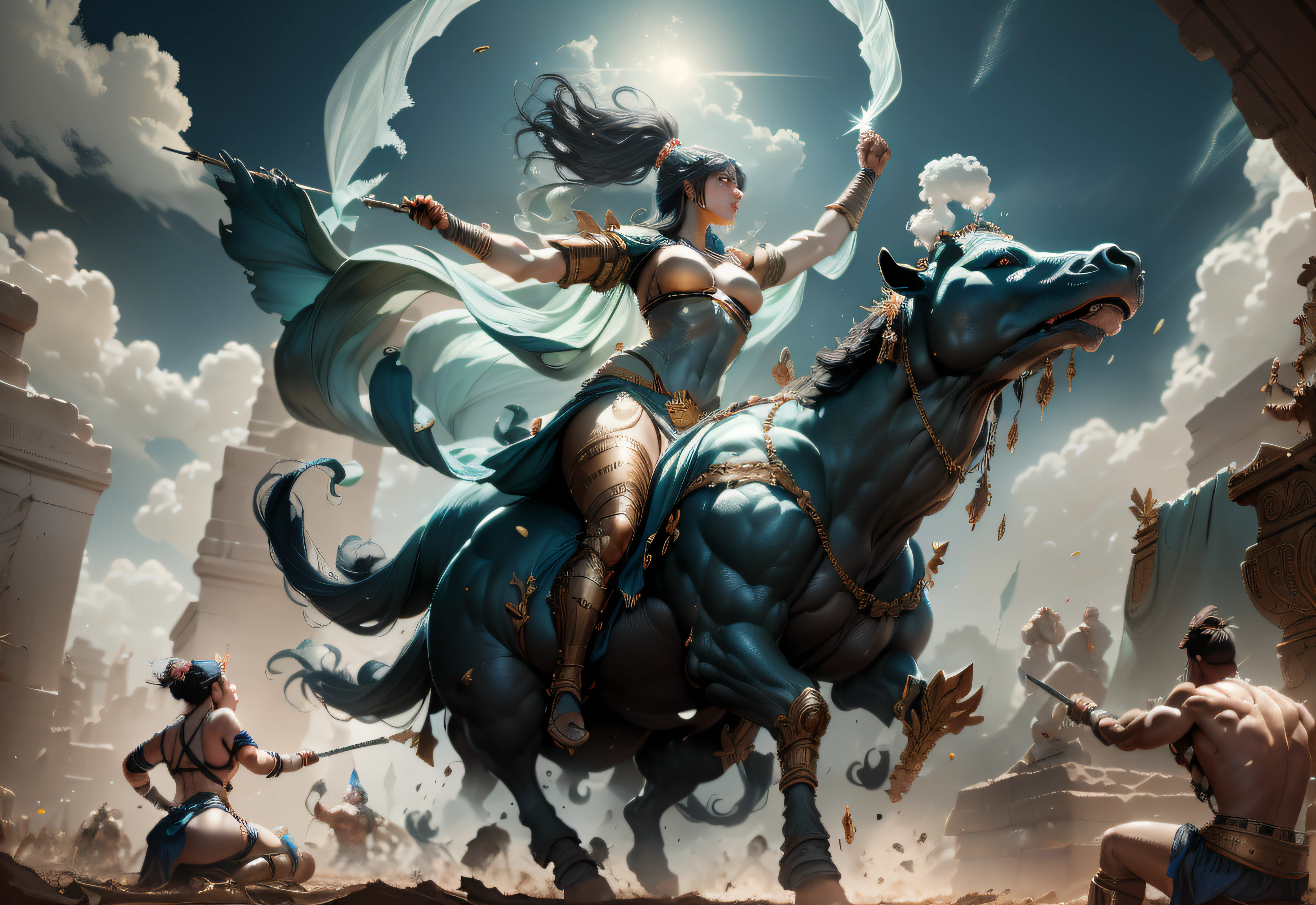 two women Riding an giant elephant, a mature female, many soldiers outside, male muscle, full body, stand, cinematic screen, ethereal, detailed, alluring succubus, ethereal beauty, perched on a cloud, (fantasy illustration:1.3), enchanting gaze, captivating pose, otherworldly charm, mystical sky, soft colors, (detailed cloudscape:1.3), (high-resolution:1.2), ((masterpiece)), (best quality), HDR, ((masterpiece)), (best quality), HDR, FEMME, Mirela Anton art Style, artistic, Soft color palette, windblown flowers, Sparkle, magical photography, Soft smooth lighting, Light background,[light smile], expressionless, On a vain this grand ancient battlefield, the ancient army engaged in intense combat with war chariots rushing forward and ancient warriors wielding swords and engaging in fierce battles. Blood splattered, weapons and armor were broken, and battle flags fluttered in the wind, symbolizing victory and glory. The war chariots charged forward, causing the ground to shake and metal sounds to ring out like thunder, stirring the enthusiasm of the warriors. The entire battlefield was filled with swords, blood, and flesh flying around. The warriors fought with all their might, exchanging their lives and blood for the victory of this war. The dust and smoke on the ground spread, and with each sword and explosion, the entire battlefield became even more majestic. However, the cost of the war was tragic, with countless soldiers falling on the battlefield, and their sacrifice was etched into the glorious history of the nation. hdr, (photorealism, masterpiece quality, best quality),