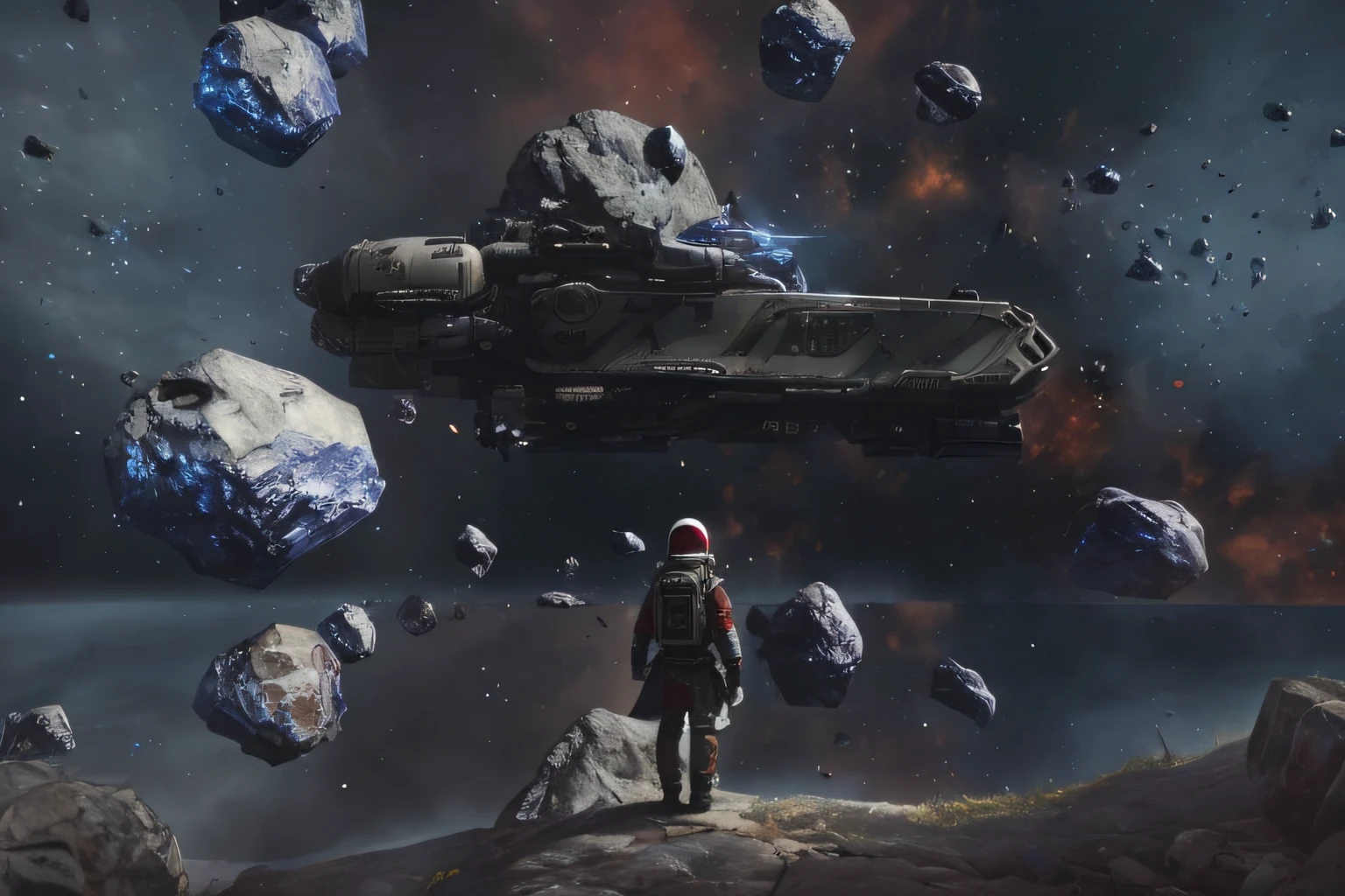 Highly detailed RAW color photographs，rear angle，fullllbody，（Male space marine，Wearing a white and red spacesuit，futuristic helmet，Colored masks，Rebreathers，accentuated booty），standing on the rock，Face away from the camera，In the distance is the vastness of space，（highly detaile，hyper-detailing，intrikate），（lens flare glow：0.7），（Flood：0.7），particle effect，Ray traching，unreal-engine，cinmatic lighting，shallowdepthoffield，ass focus