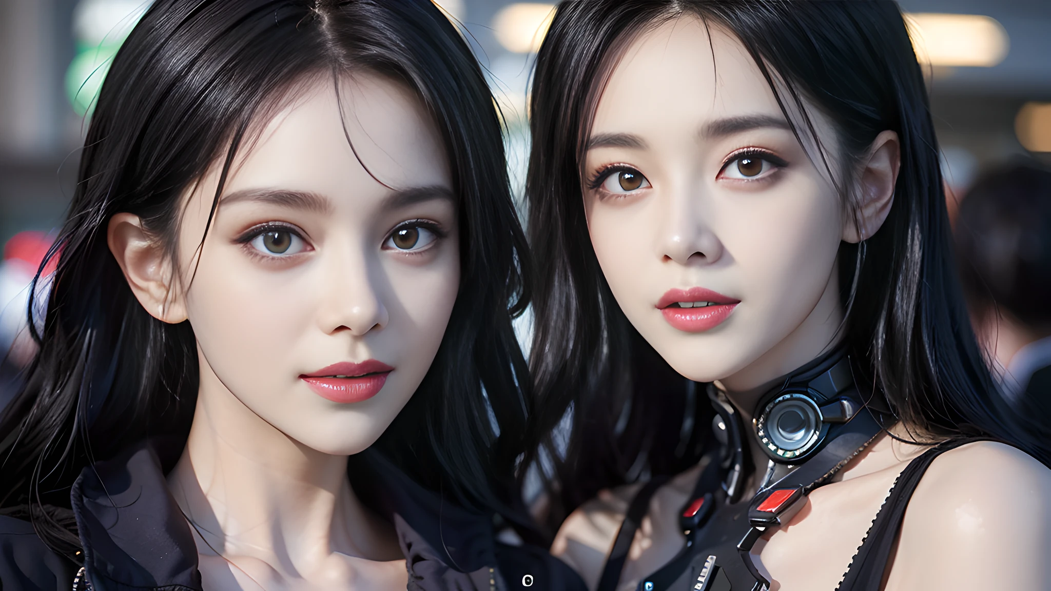 (masterpaintings),((Super meticulous)),(High detail CG illustration),(unexpressive),(beste-Quality:1.2),Realistic 8K UHD,Hi-Def,，High quality texture,Intricate details,Detailed textures，filigree，high detailing，extremely details CG，Highqualityshadow，Realistic reproduction of the face，Detailed beautiful and delicate face，Detailed beautiful and delicate eyes，Brown pupils，perfect proportioned face，depth of ﬁeld，Cinematic light，lens halo、raytrace、see‐through、20 yrs old、Prominent Nose、elongated face、Tall girl、（big-eyed eyes：1.2）、Blushlush、Glossy lips、perfect body figure、slimification、Particles of Light、（a narrow waist：1.3）、middlebreasts，Distinct_image，A high resolution，（shiny shiny skin），single focal，（brown  hair），（Delicate beautiful eyes and detailed face），（Detailed face），（Striped hair），light source contrast，Medium hair, ((Smile with)), (PureErosFace_V1:0.5) two women in costumes walking down a street at night, cyberpunk photo, anime cyberpunk, cyber punk style, anime cyberpunk art, Cyberpunk style, anime style mixed with fujifilm, modern cyberpunk anime, cyberpunkoutfit, cyberpunk women, rococo cyberpunk, at cyberpunk city, Cyberpunk art style, cyberpunk lut, cyberpunk fashion, gothic - cyberpunk, Aesthetic cyberpunk, has cyberpunk style
