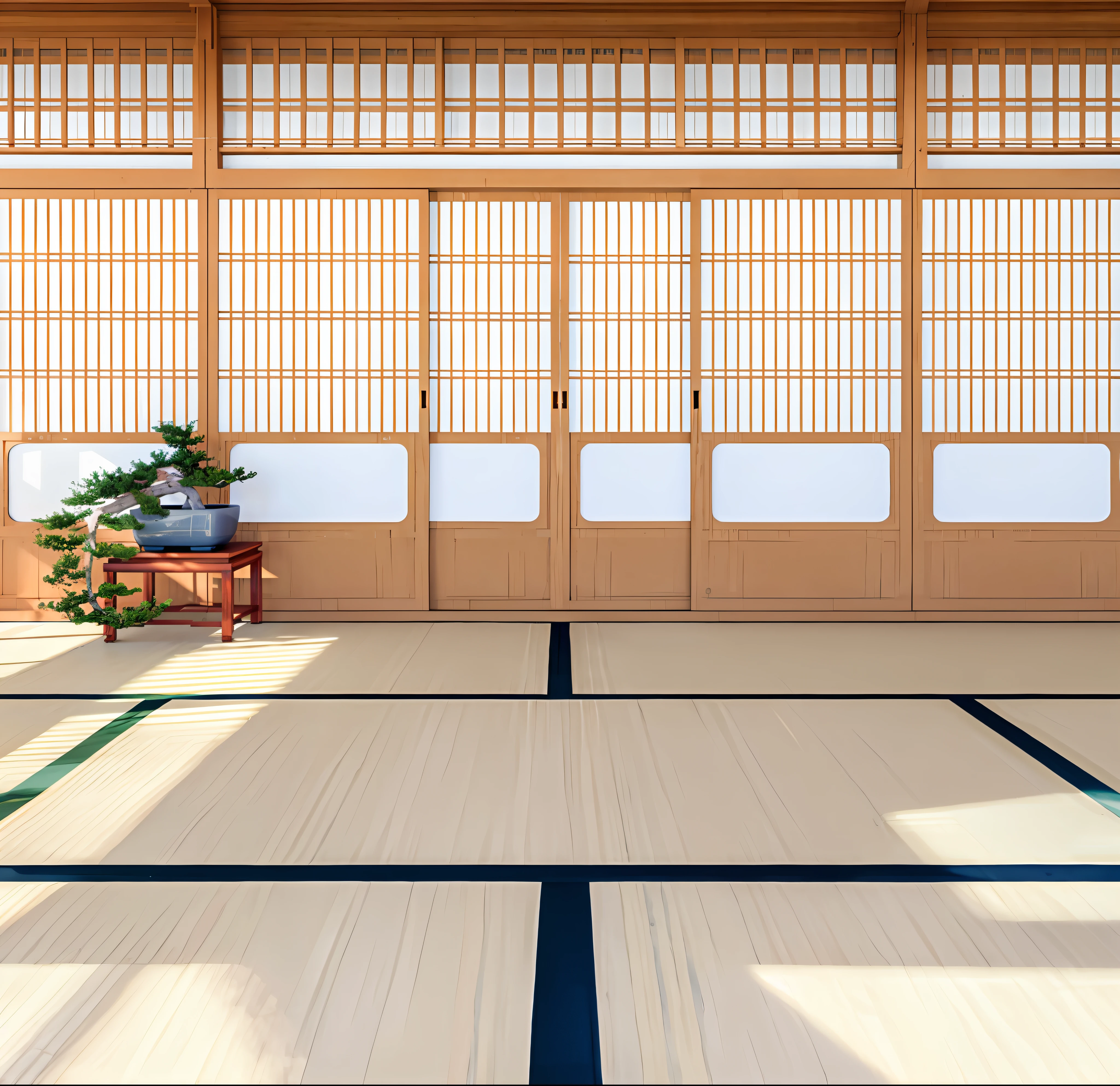 there is a room with a wooden floor and a plant in a pot, zen temple background, in a dojo, japanese house, traditional japanese, japanese temples, modern japanese living room, inspired by Kanō Shōsenin, Japanese style, in a japanese apartment, inspired by Gusukuma Seihō, with matsu pine trees, traditional korean interior