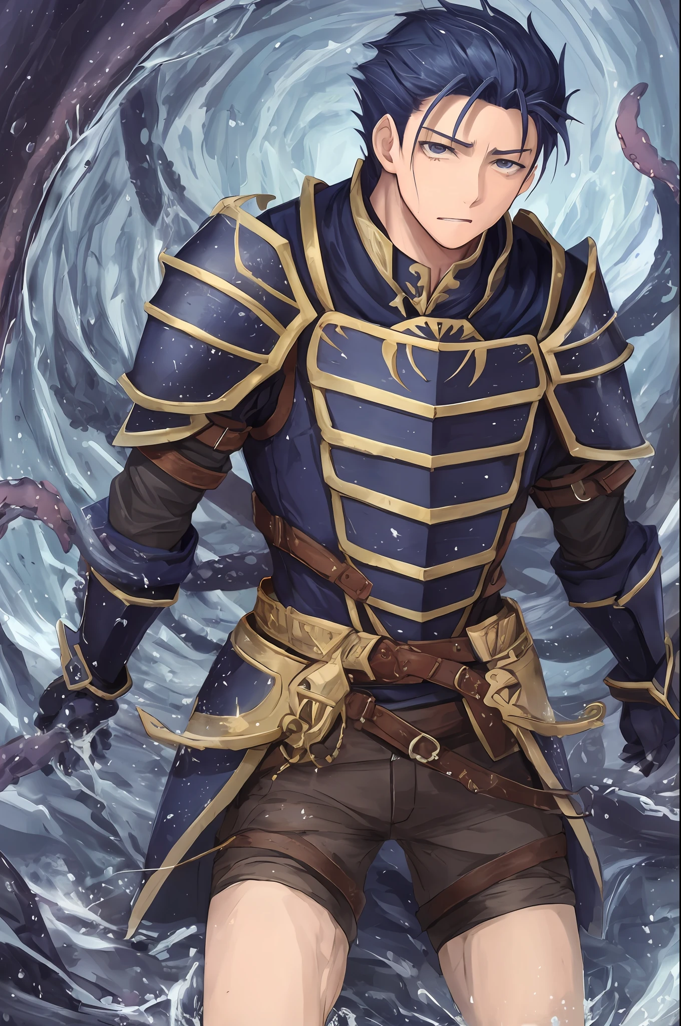 Hector Fey（adult man）， 独奏， looking looking at viewer，Tied by tentacles（Mucus-secreting tentacles） ，The face is stained with white liquid，perspire，Black tight combat uniform，White armor，White armor，Get wet， mitts， 1 man，weeping，Be red in the face， Male focus，Tentacles wrapped around thighs（Octopus tentacles wrap around thighs）， cloaks， White armor， Shoulder armor， Soaked leggings，Wrists bound by tentacles，Waist wrapped around tentacles
