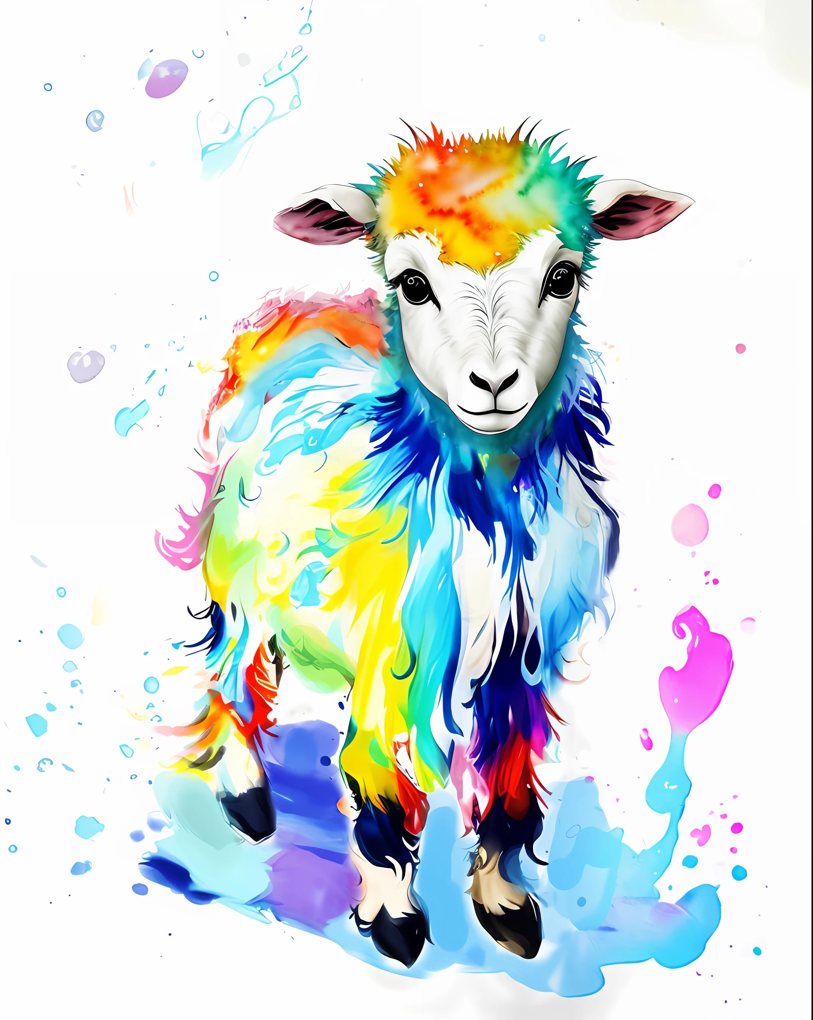 Watercolor colorful little lamb head, colorful hair, bright eyes, super clear, full of details