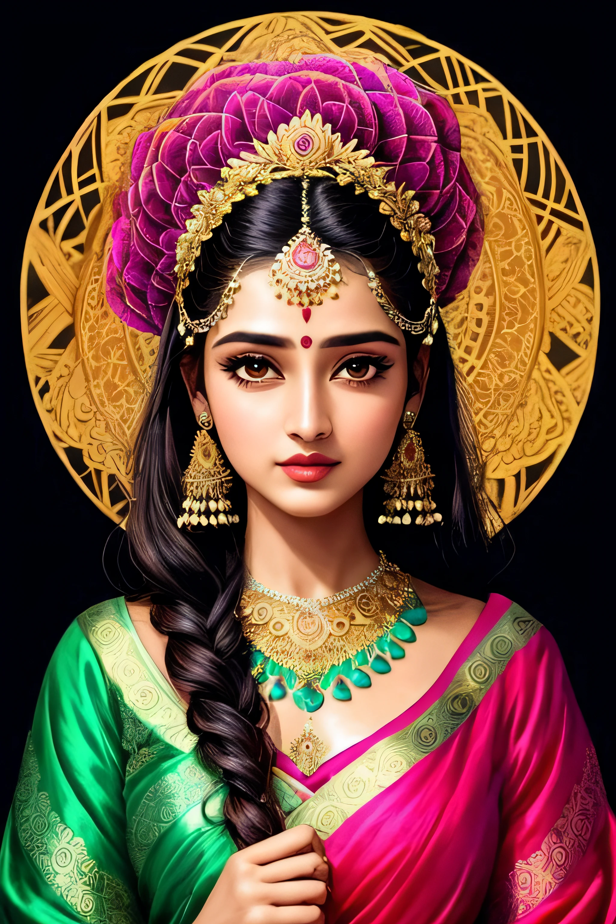 (masterpiece, top quality, best quality, official art, beautiful and aesthetic:1.2), (1girl), extreme detailed,colorful,highest detailed, official art, unity 8k wallpaper, ultra detailed, beautiful and aesthetic, beautiful, masterpiece, best quality, (zentangle, mandala, tangle, entangle) ,holy light,gold foil,gold leaf art,glitter drawing, PerfectNwsjMajic,
(Indian actress_Sneha)