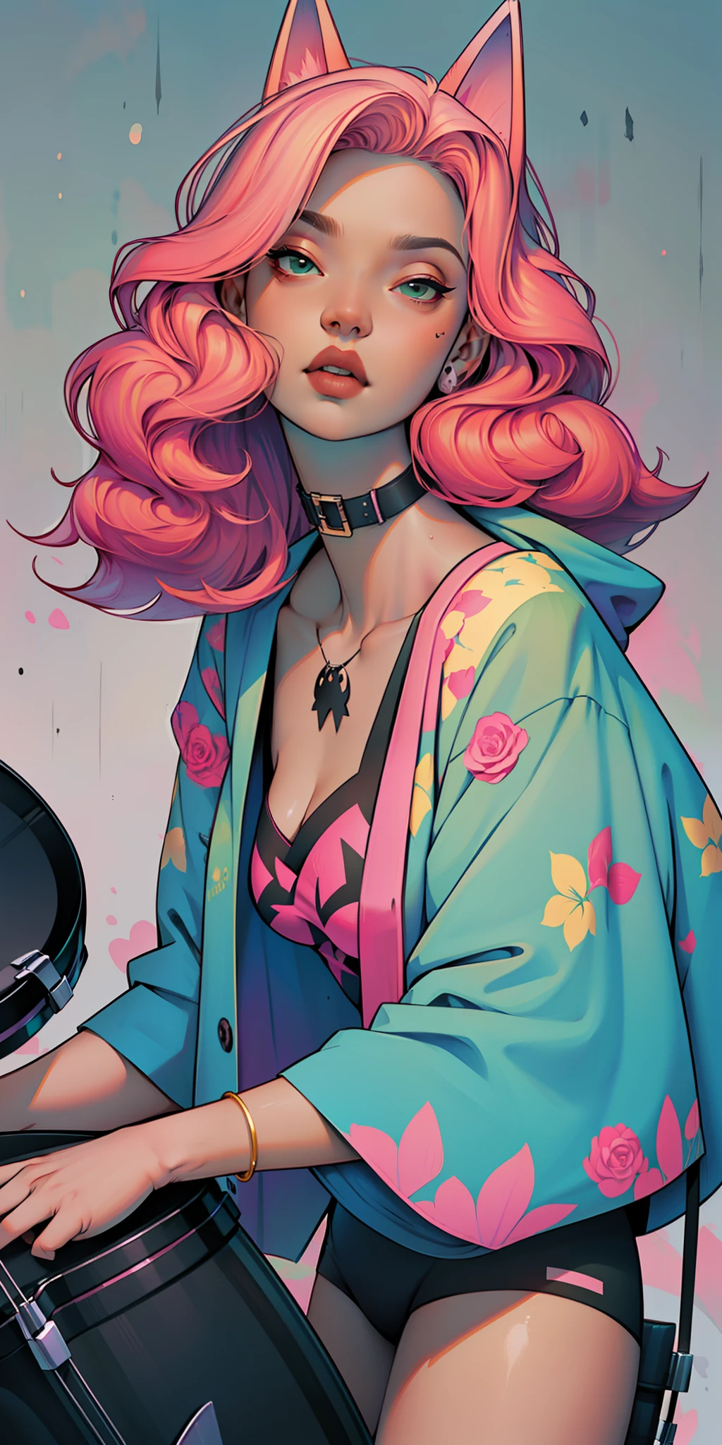 Background, In chic boho style, in a cafe, Ice cream print, multi-colored neon lights, neon garlands, rose hair, mixed-language_SMS, Japanese, (beautiful and clear background:1.2),, fantastic paintings ,graffit style, highly detail eyes , underwear, lace, latex, Pink, Purple, mint, Blue, Yellow, belve, lavender hair, Skull Print, body piercings, Loving, Love, ultra detail hair, Masterpiece, Best Quality, highly quality, hight resolution, detail enhancement, ((most beautiful image in the world)), Masterpiece, Best Quality, highly quality, hight resolution, detail enhancement, ((most beautiful image ), Shiny pink degrade hair, Ultra Short Fitted Stampa, art by stjepan sejic, art by j scott campbell, Artist Guillem March, art by citemer liu, 4k, hight resolution, comic book character, comic, high quality detailed,   style of ::2.0 comix illustration style,tatoon style, highly quality, hight resolution, detail enhancement, 8K, HD, Best Quality, highly quality, hight resolution, detail enhancement, 8K, HDR, sharp-focus, Ultra Detailed, perfect  lighting, Curvy Body, Lush breasts, Curvy hips, skull print on clothes, rock, rock star, Cool,black leather raincoat, style of, spikes, Punk Rock, Wolf, Cat's ears, Cool bracelets, Choker, calavera, gotik, Skinny,  (((Plays drums))) Drums, drams drummer, drumsticks, virtuoso