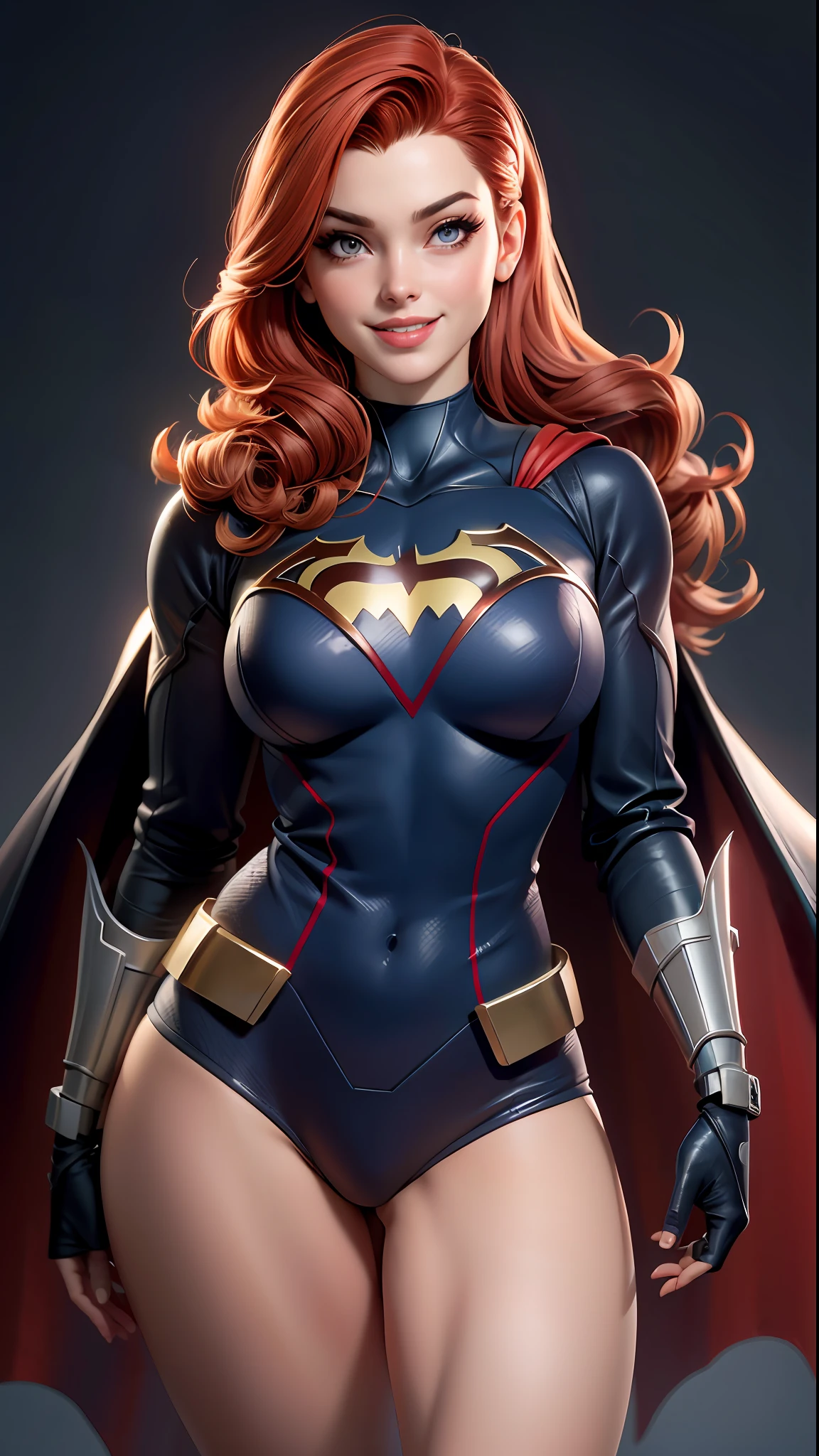 Batgirl body defined thick thighs cybernetic body parts , short underwear, ruiva de olhos azuis, Superman S symbol on chest, rosto detalhado, linda, sorriso lindo, cabelo vermelho,