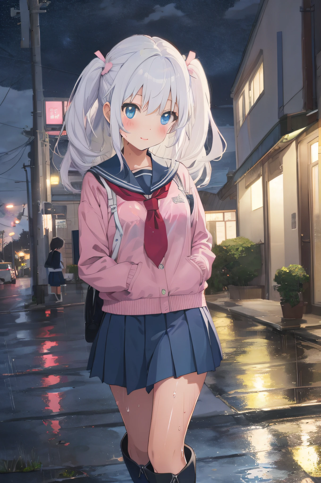 school anime cat girl, blue skirt, white hair, pink boots, rain, night city, school uniform, wet clothes, skirt