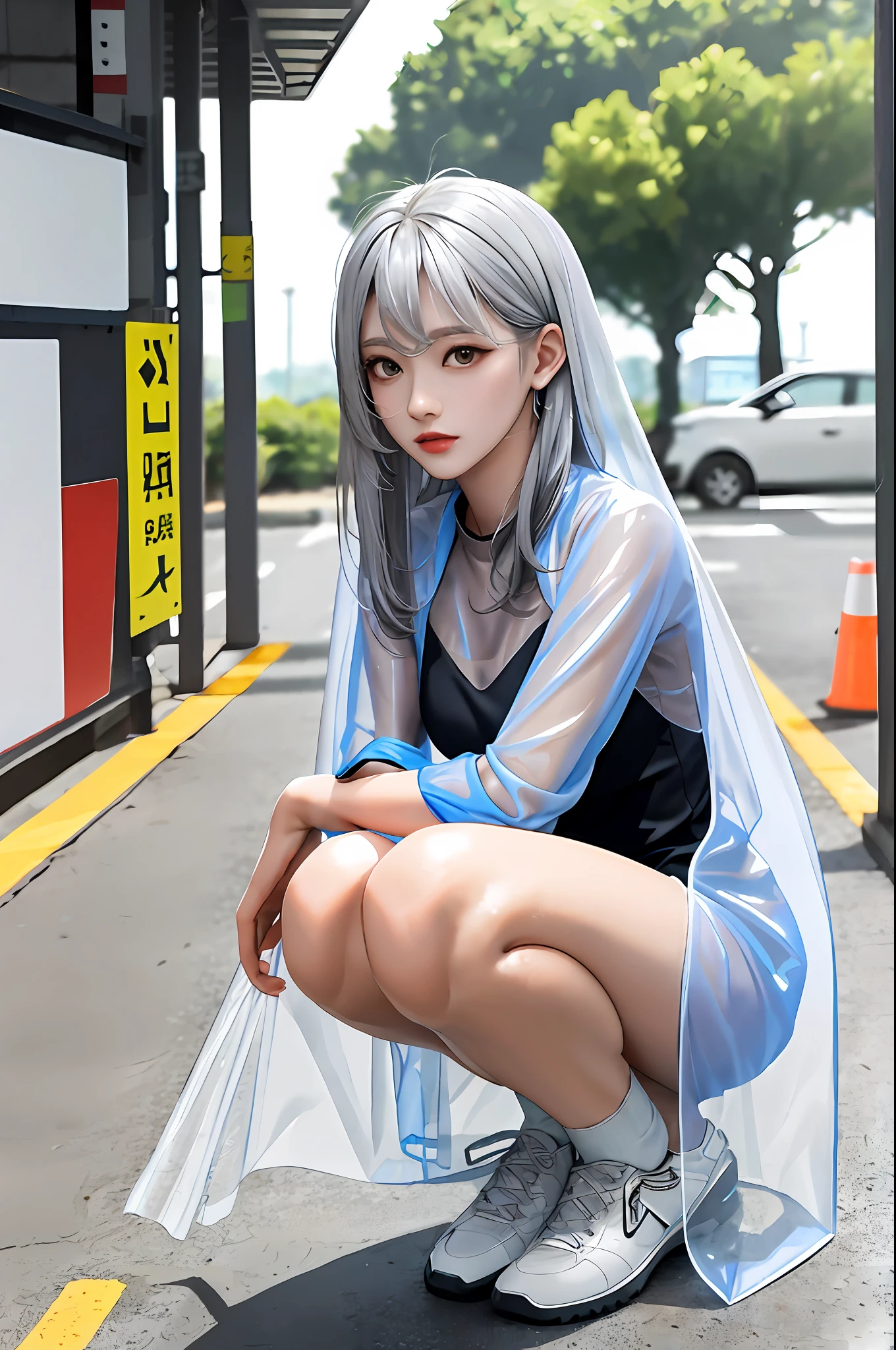 Top  Quality，Asians，lovly，Youth，Wear a transparent raincoat，Squat with your legs spread out，Silvery hair