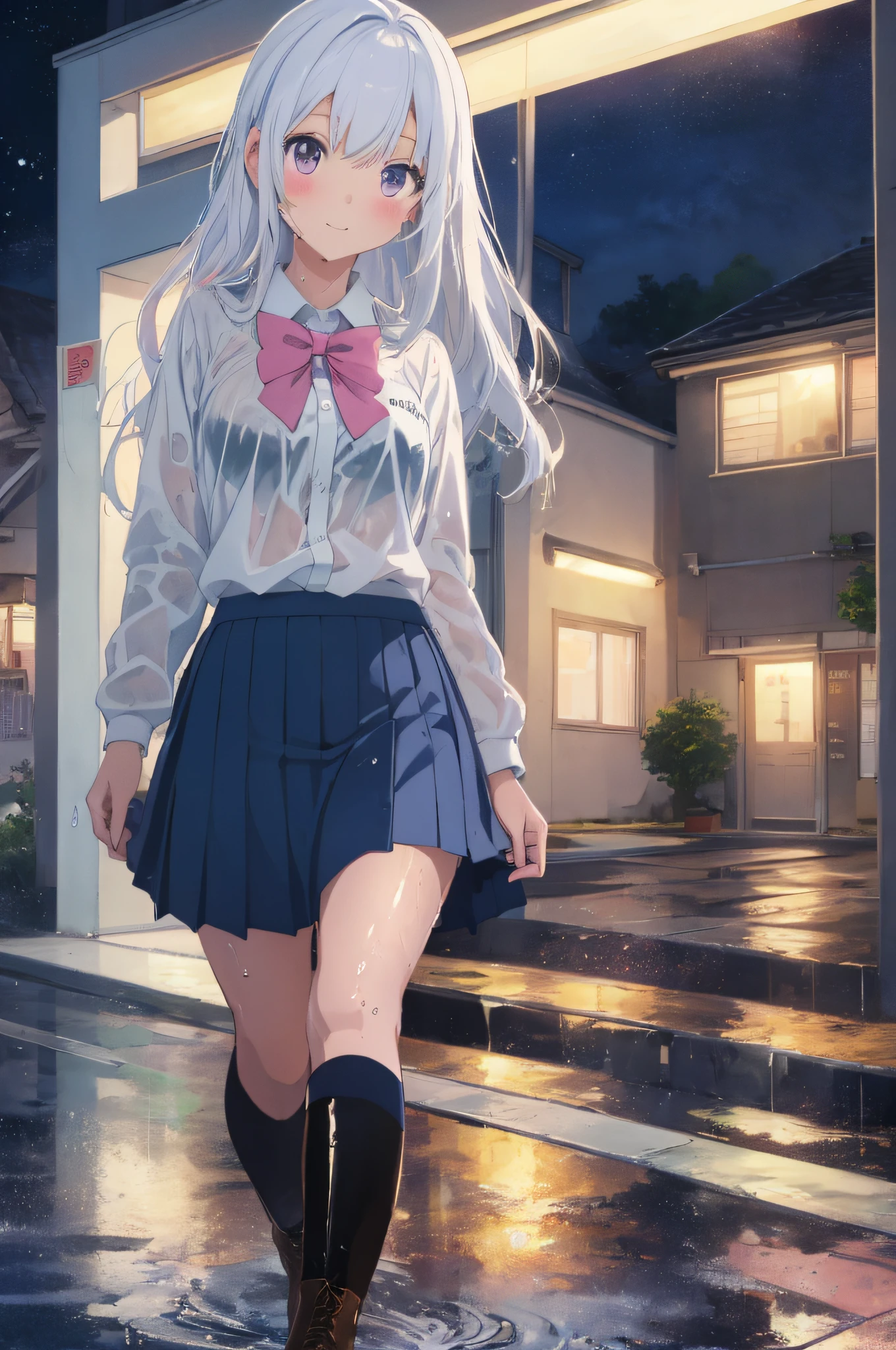 school anime cat girl, blue skirt, white hair, pink boots, rain, night city, school uniform, wet clothes, skirt