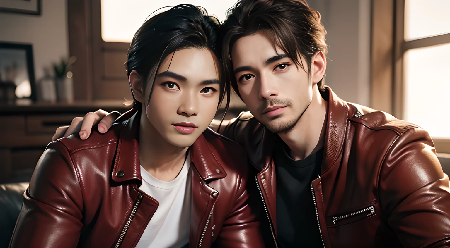 (head shot), (only face), (Two male gay handsome muscular men in his 30s wearing red leather jackets), Mischievous smile, (detaile: 1 in 1), Natural muscles, HIG quality, Beautiful eyes, (Detailed face and eyes), (Face、: 1 / 2), Noise, Real Photographics、... ......................................PSD, Sharp Focus, High resolution 8K, realisitic & Professional Photography, 8K UHD, Soft lighting, High Quality, Film grain, FUJI XT3