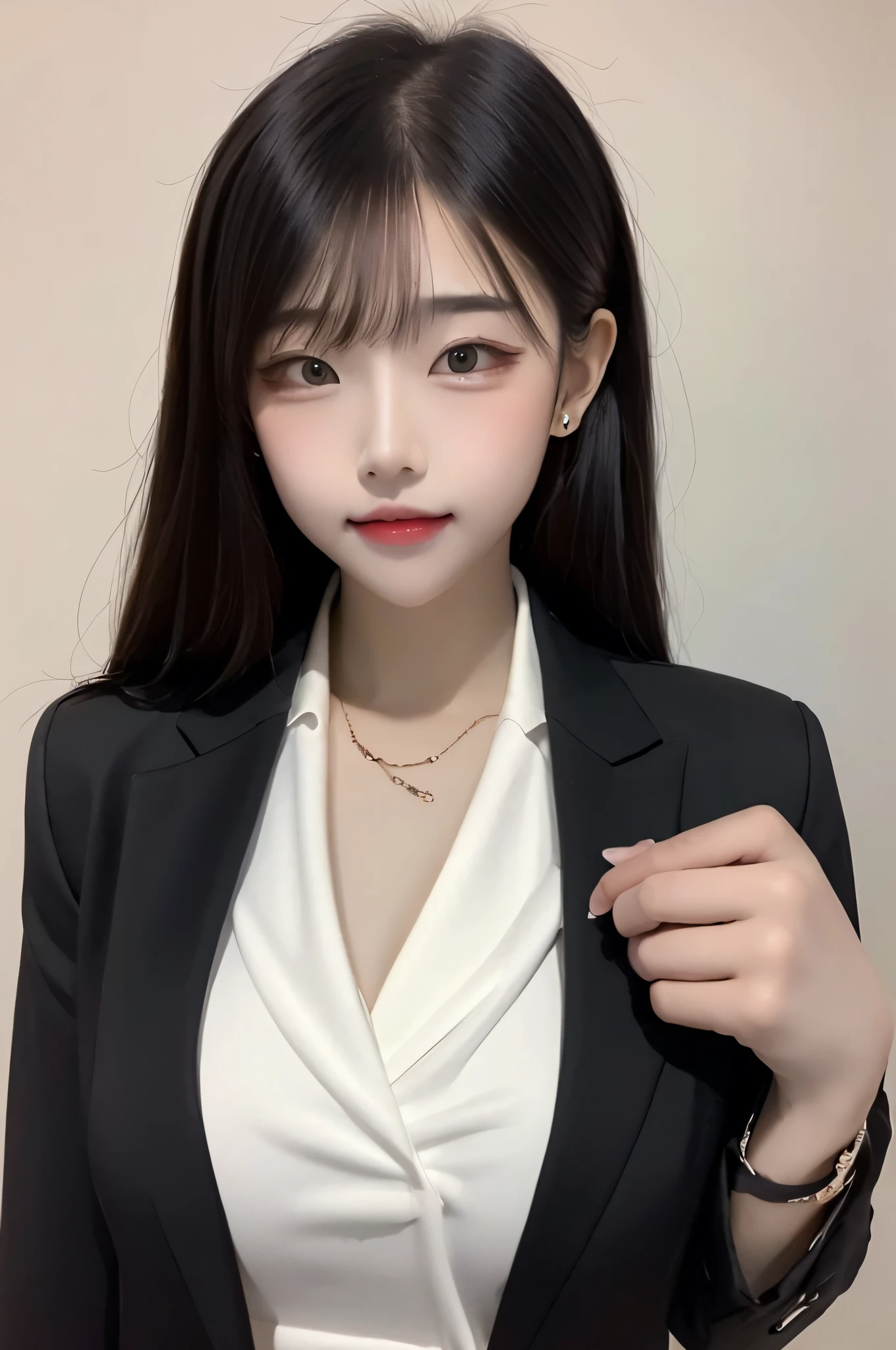 best quality, masterpiece, 1girl, Beautiful face, (photo realistic:1.3), rim lighting, (high detailed skin:1.2), 8k uhd, dslr, high quality, high resolution, 4k, 8k, Bokeh, absurdres, best ratio four finger and one thumb, (realistic:1.3), cute 1girl, wearing black formal blazer, medium breasts, short skirt,