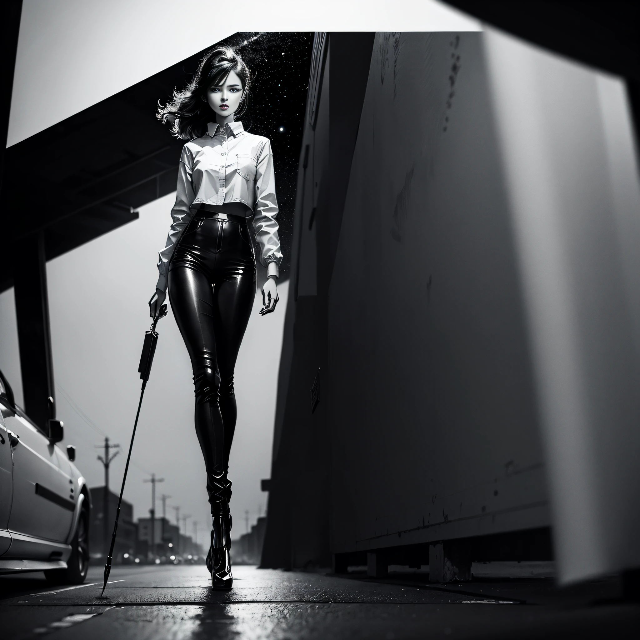 tmasterpiece,Japanese retro black and white manga,Master anime works,Black and white art,line art,Pen drawing art,A beautiful urban female model,Standing under the stars in the empty night,Disappearing transparent pants,fully body pose,walking to a viewer,Tall,Slender legs,Details of face,Detailed body part details,8 k wallpaper