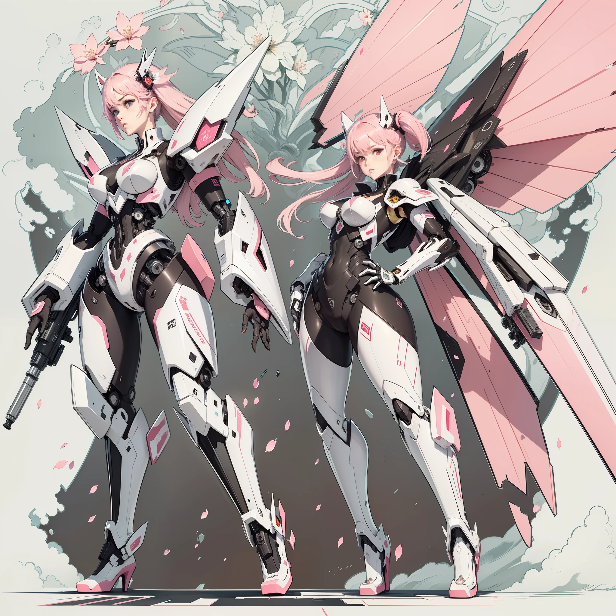 Gundred,Pink and white cherry blossom color scheme, The background is blurred out、ren, Front view, Ultra HD, Mechanical parts with a lot of details, Whole body diagram, Mechanical wings with angular corners, game style.