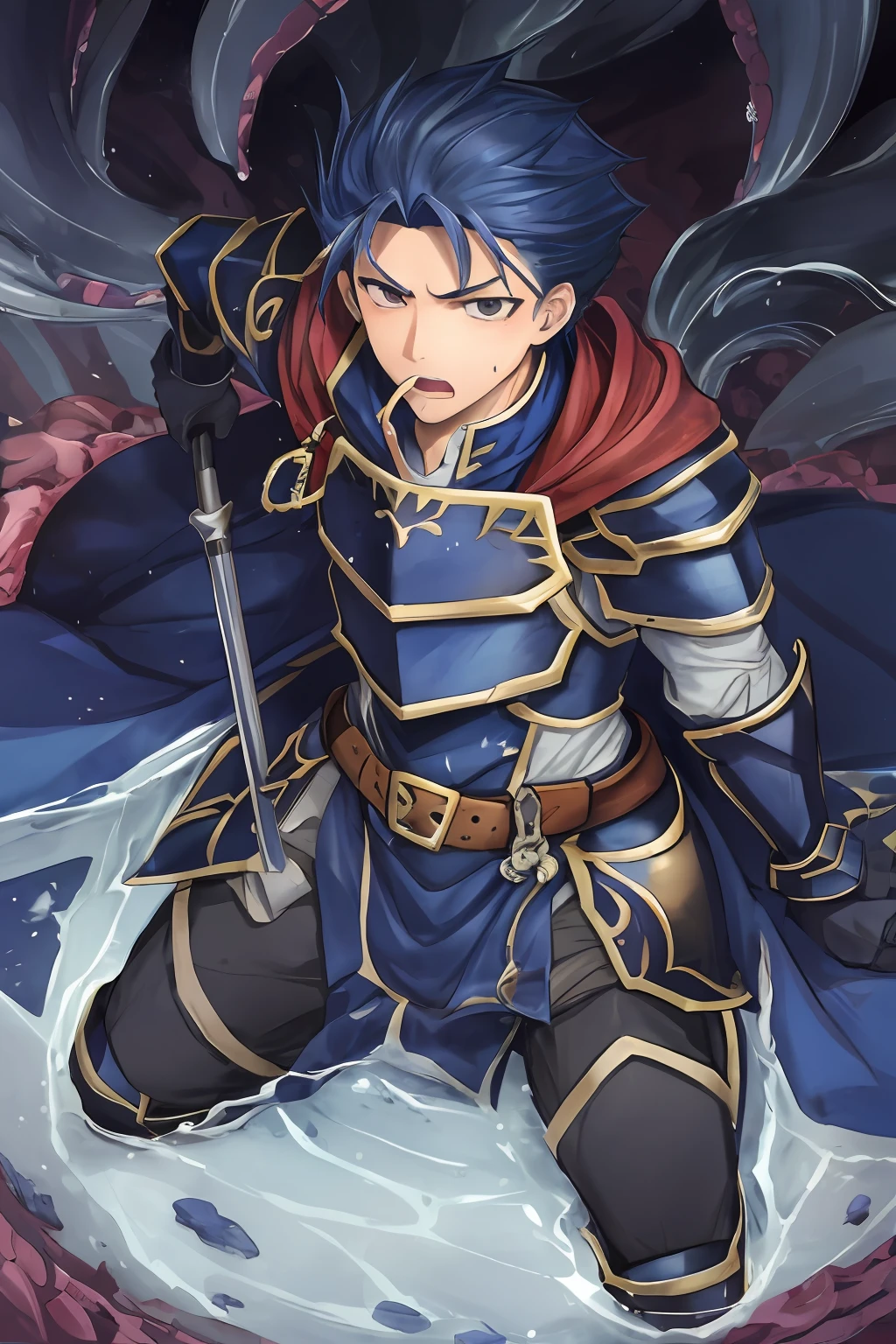 Hector Fey(adult man), 独奏, looking looking at viewer,Tied by tentacles(Mucus-secreting tentacles) ,With his mouth open,droolng,perspire,Tight combat uniform,White armor, mitts, 1 man,Kneel,weeping,Be red in the face, Male focus,Tentacles wrapped around thighs(Octopus tentacles wrap around thighs), cloaks, armour, Shoulder armor, Soaked leggings,Wrists bound by tentacles,Waist wrapped around tentacles