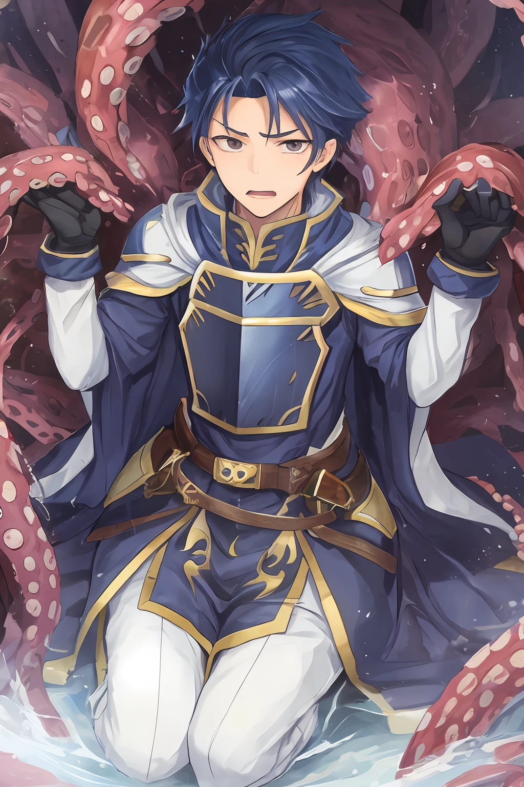 Hector Fey（adult man）， 独奏， looking looking at viewer，Tied by tentacles（Mucus-secreting tentacles） ，With his mouth open，droolng，perspire，White tight-fitting combat uniform，White armor， mitts， 1 man，Kneel，weeping，Be red in the face， Male focus，Tentacles wrapped around thighs（Octopus tentacles wrap around thighs）， White cloak，White armor， White-shouldered armor， Soaked leggings，Wrists bound by tentacles，Waist wrapped around tentacles