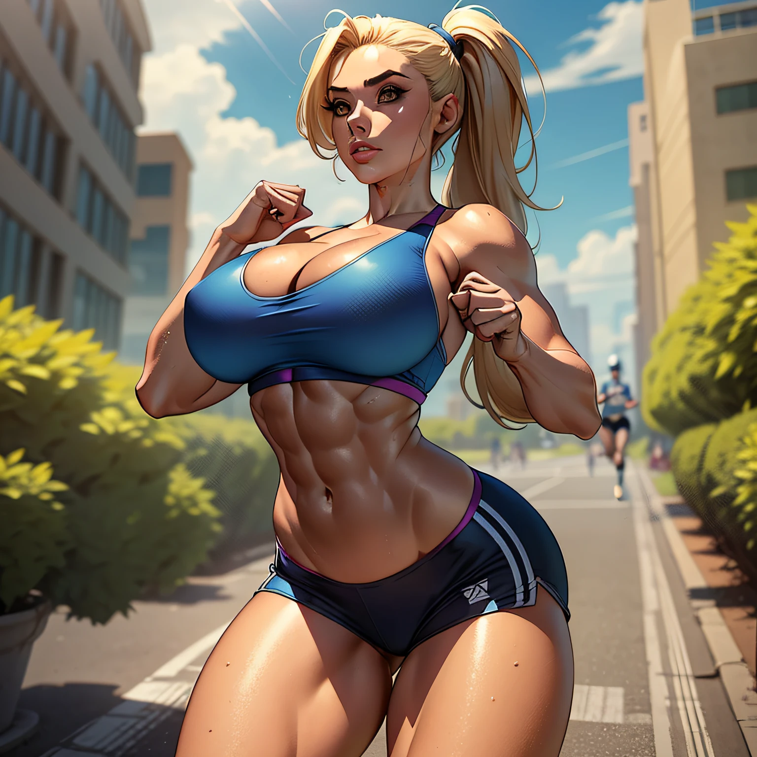One Woman Running、Five Fingers、tits huge、Chest that seems to burst、sports wear、Short shorts、Powerful Pose、One lady、Fitness Model、abdominals、the Long legs、poneyTail、skin tanned、shining skin、full-body view、publicity cosplay、full-cosplay